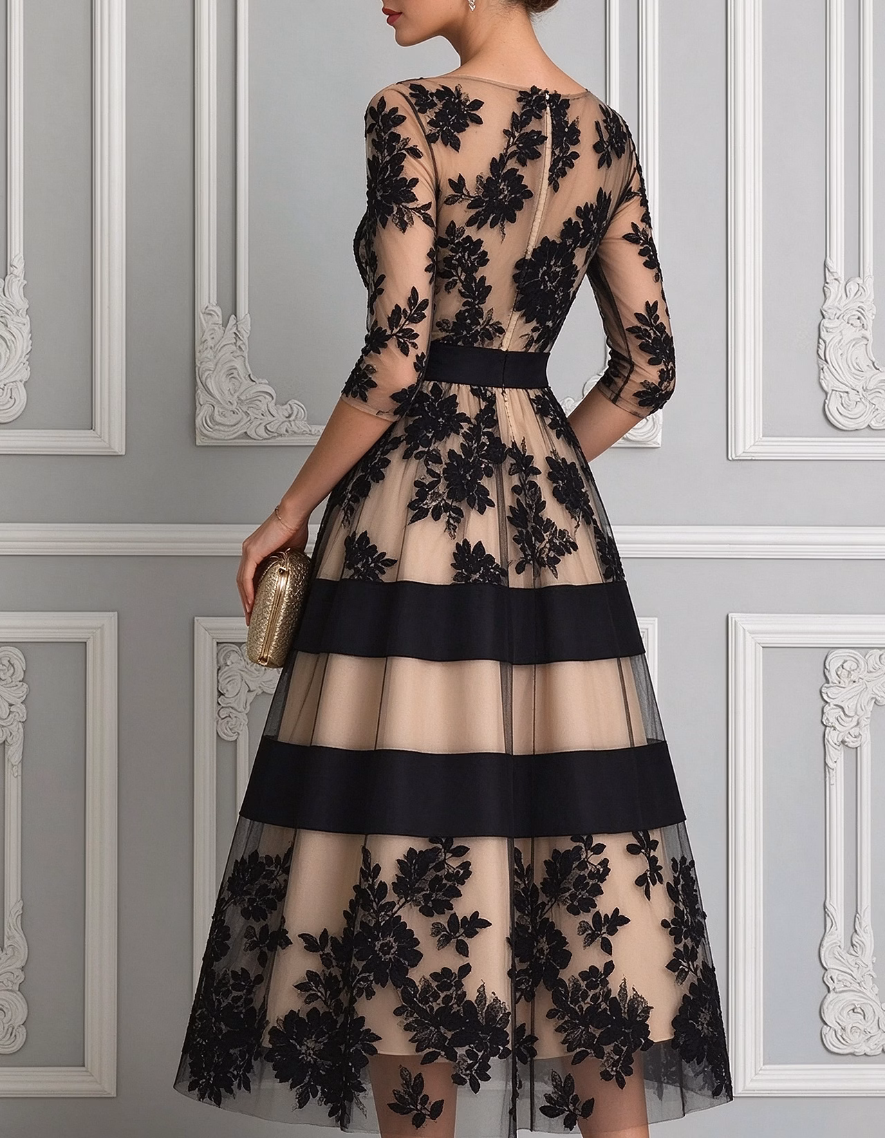 Black Boat Neck 3/4 Sleeve Lace Midi Dress