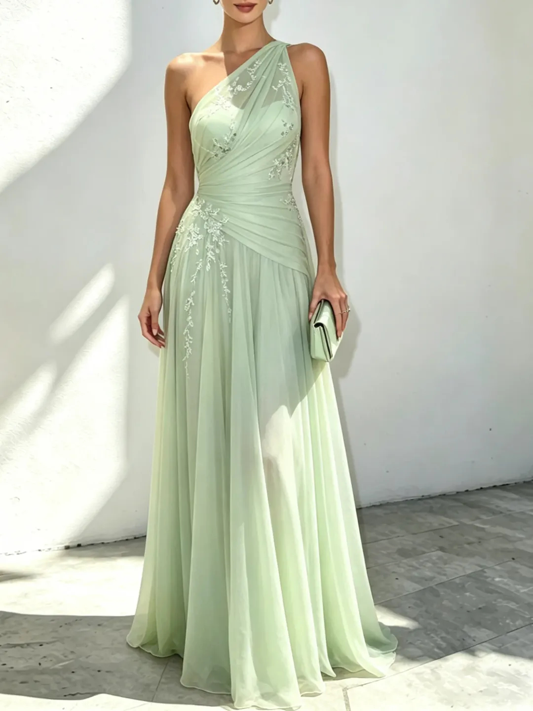 Lightgreen Applique 3D Floral Chiffon One Shoulder Sleeveless A-Line Floor Length Dress