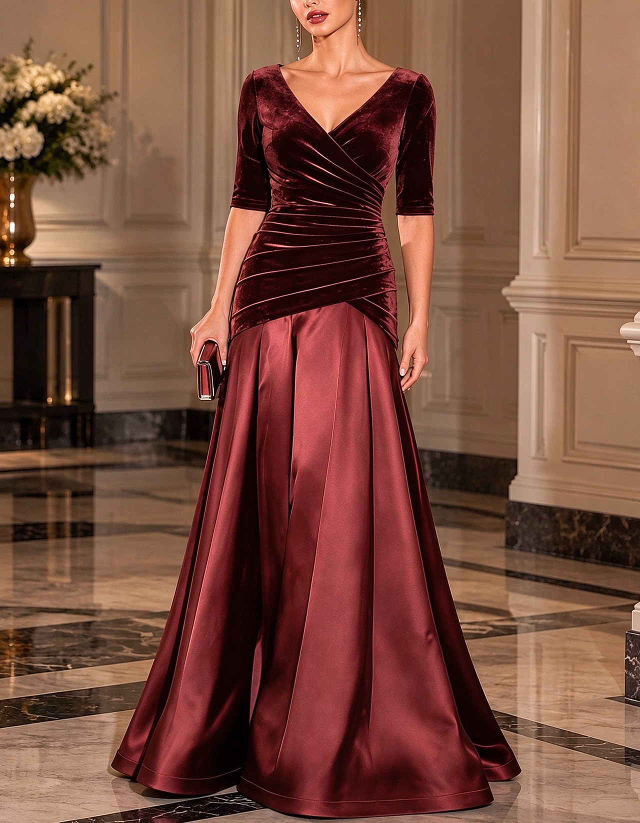 Velvet Satin Mix V-Neck Maxi Dress