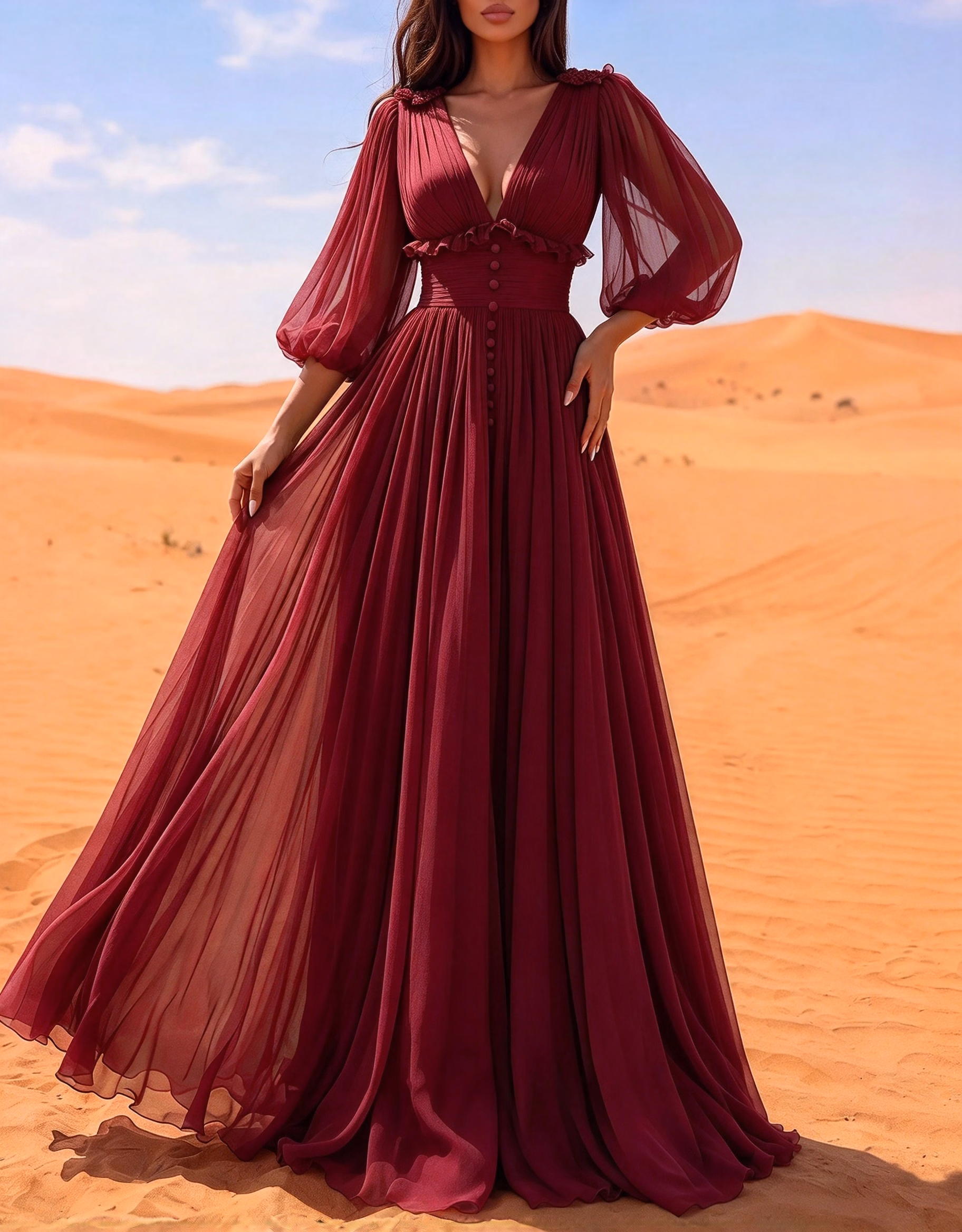 Deep V Neck Puff Sleeve Chiffon A Line Maxi Dress
