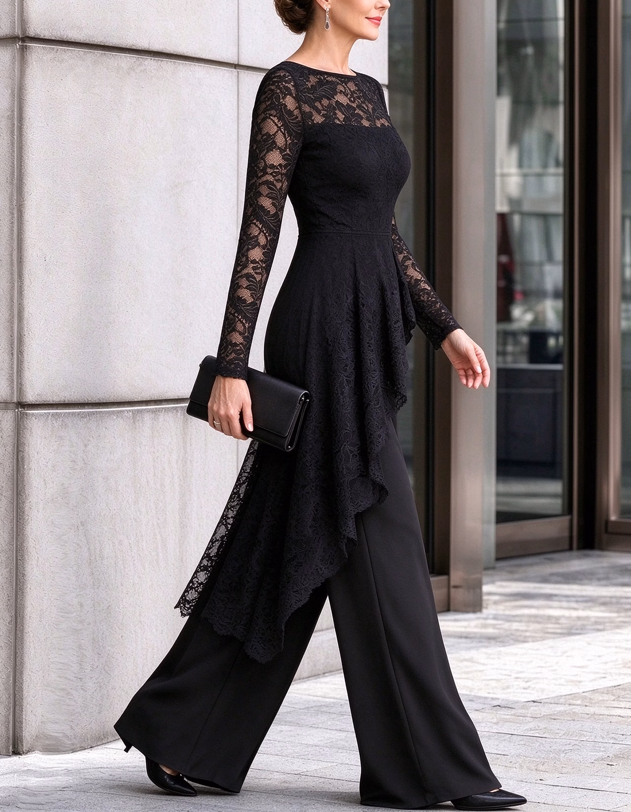 Black Lace Asymmetrical Peplum Wide Leg Jumpsuit