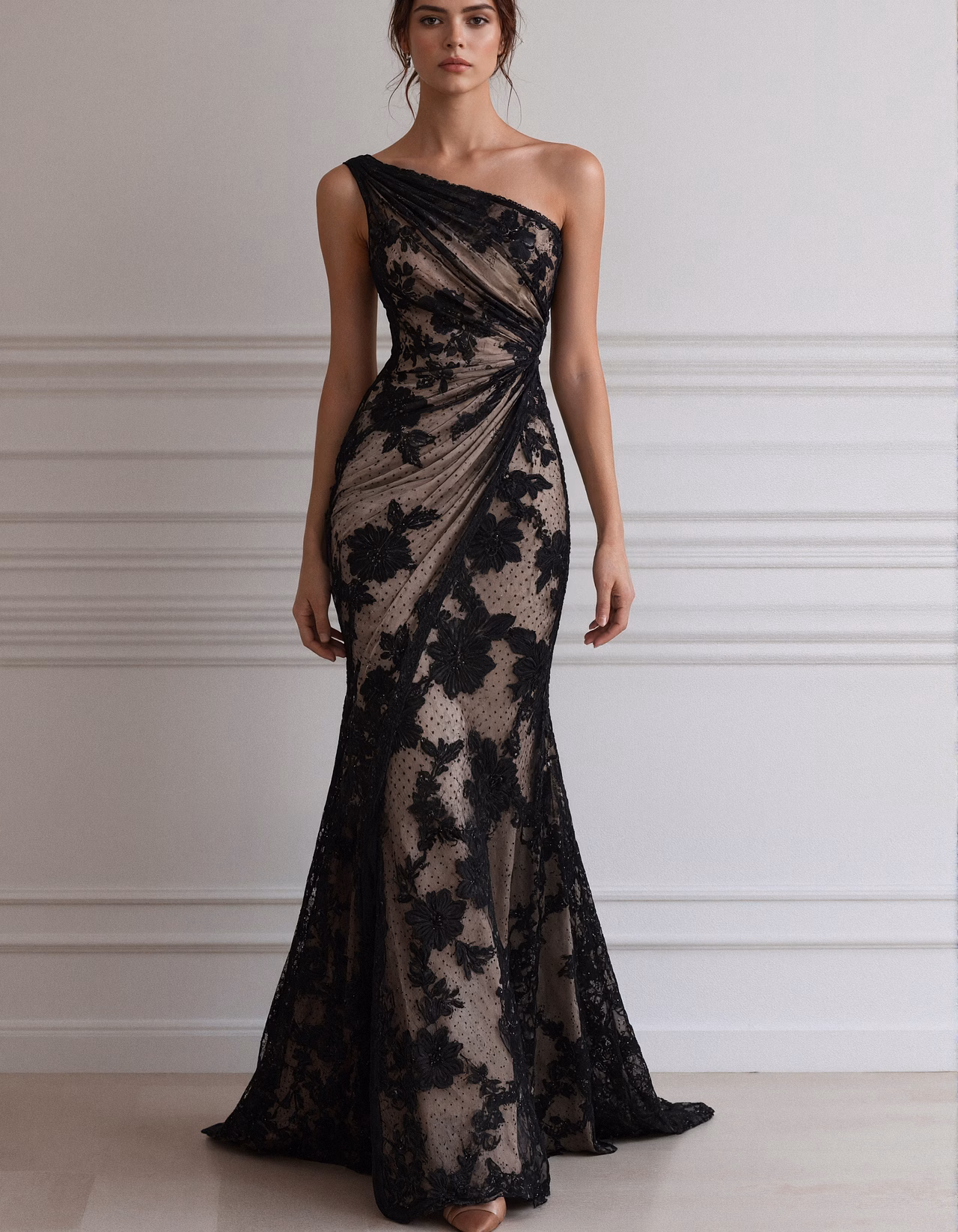 Black Lace One Shoulder Mermaid Style Maxi Dress