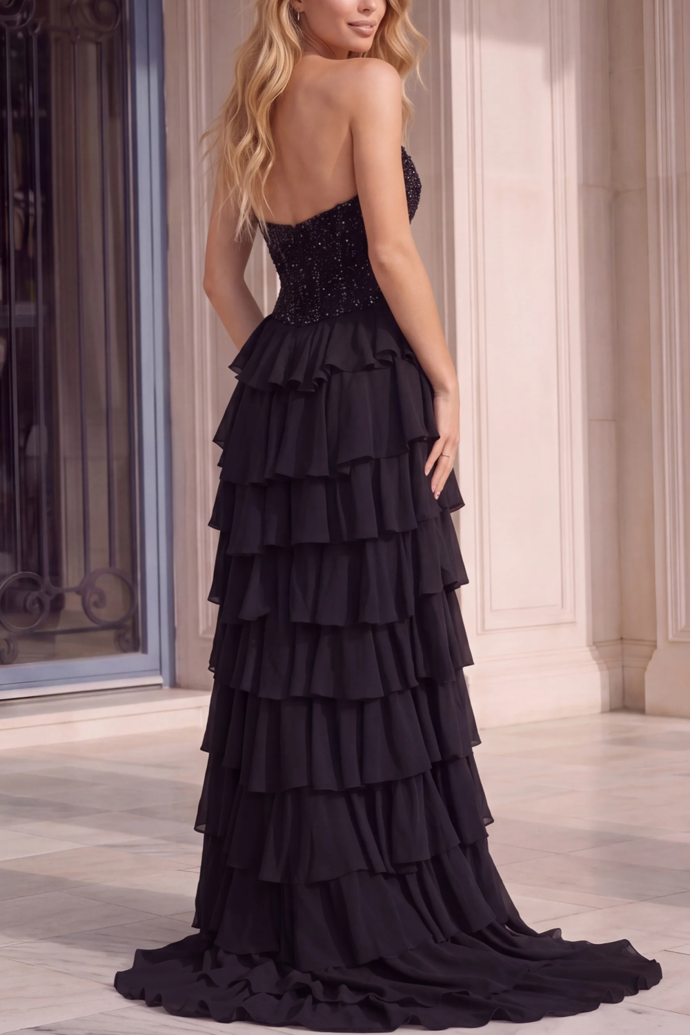 Black Beaded Gown with High Slit and Ruffle Details Floor Length Evening Gown