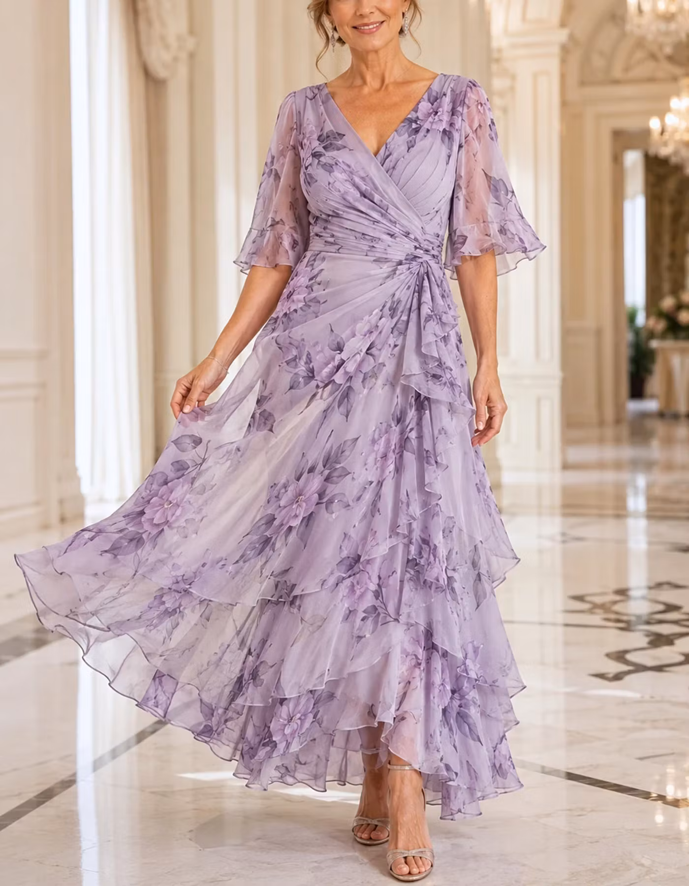 Lavender Floral V Neck Chiffon Tiered Ruffle Maxi Dress
