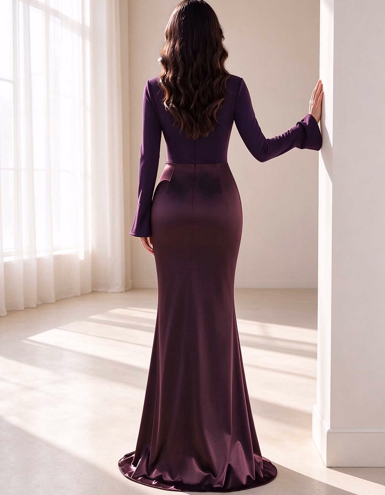 Square Neck Flare Long Sleeve Satin Mermaid Maxi Dress