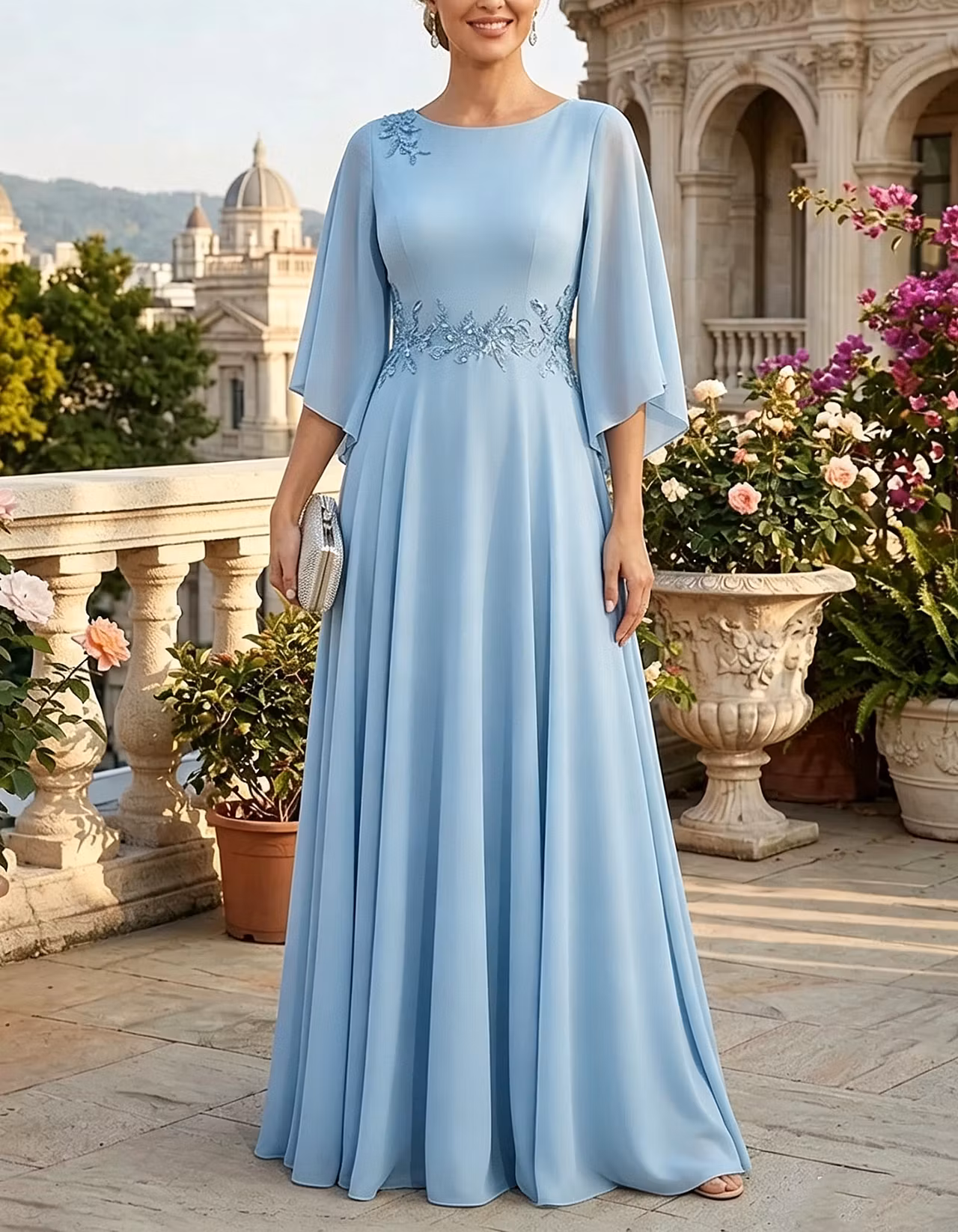 Light Blue Round Neck Chiffon A-Line Maxi Dress