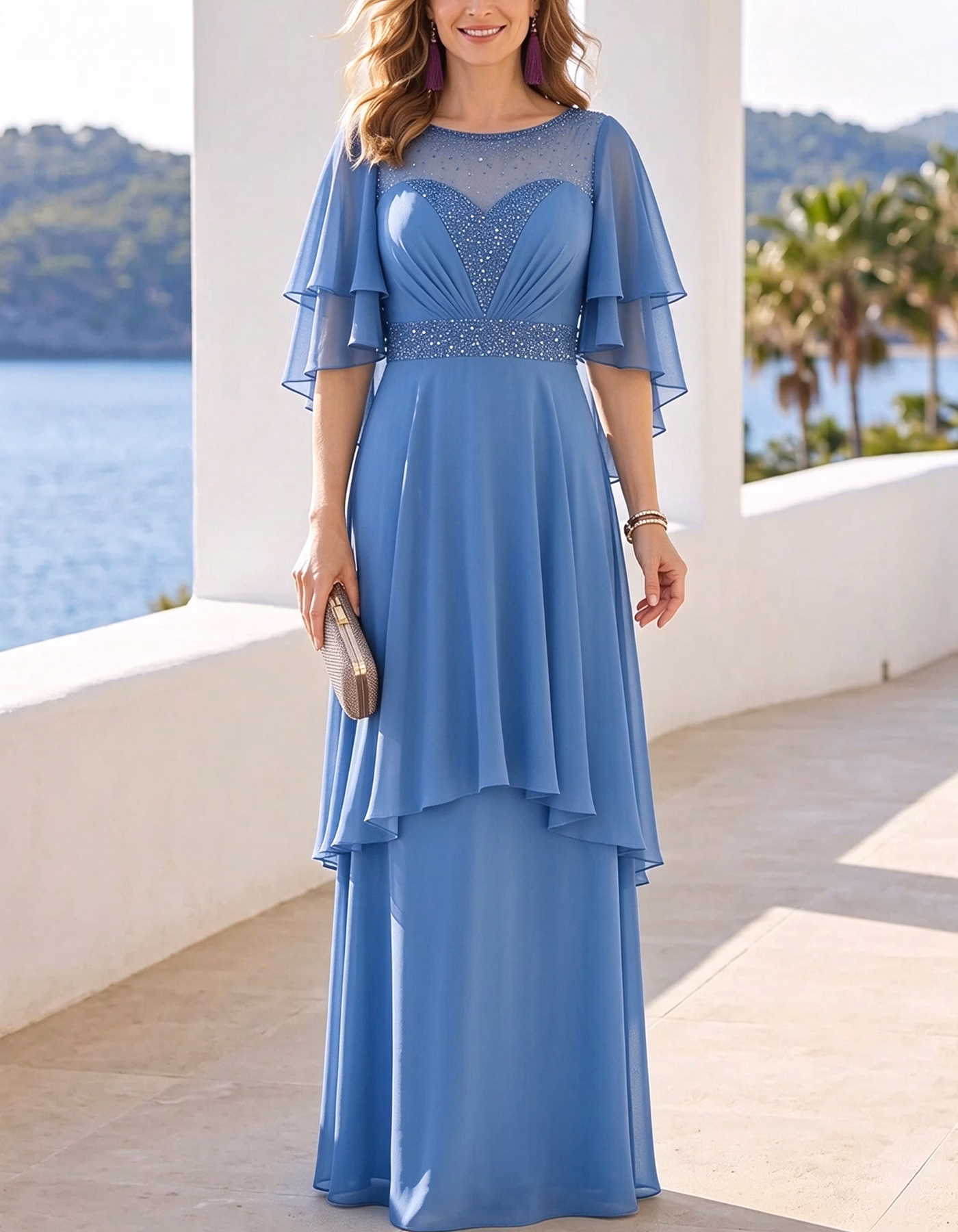 Chiffon Mesh Sequin Flutter Sleeve Waist Layered Hem Maxi Dress