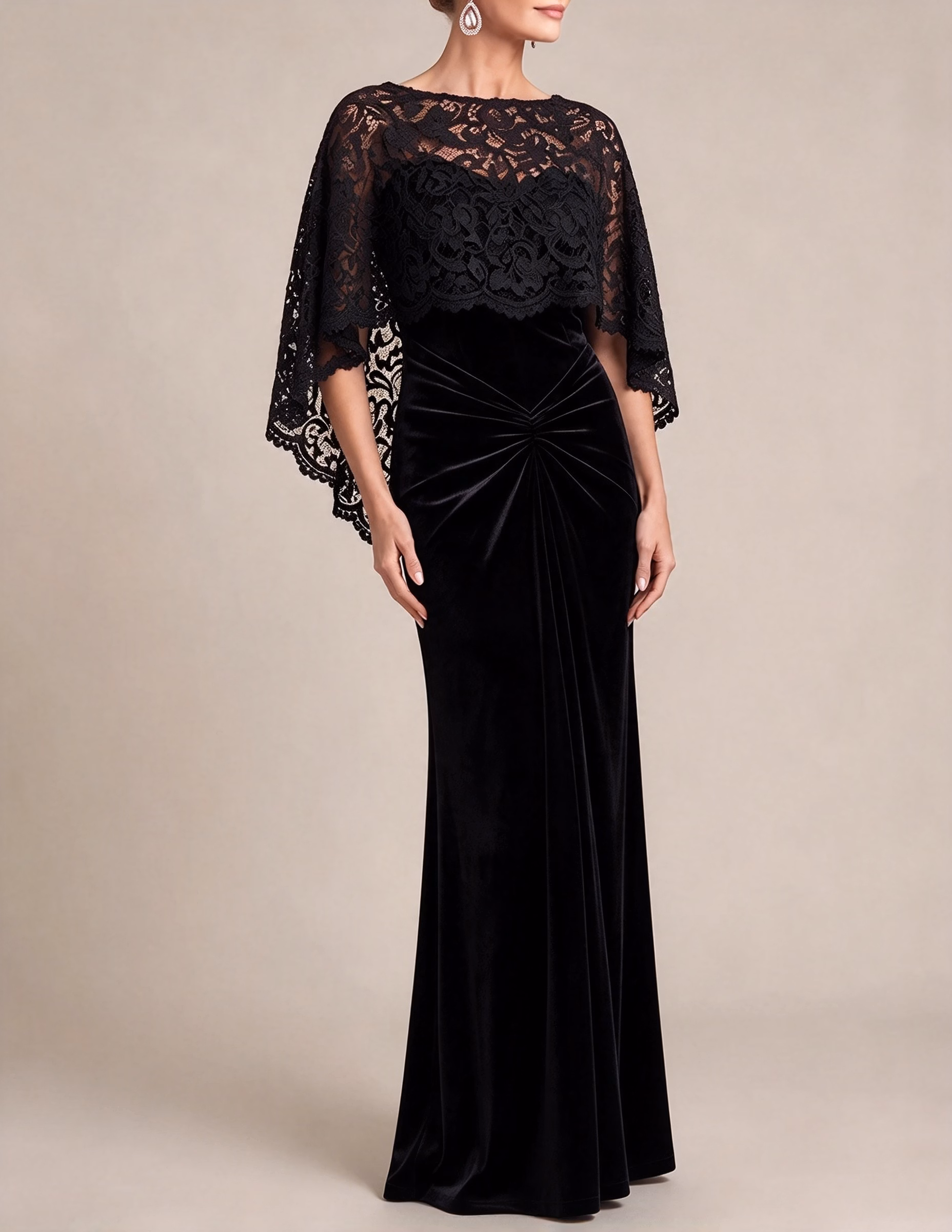 Round Neck Lace Capelet Velvet Mermaid Maxi Dress