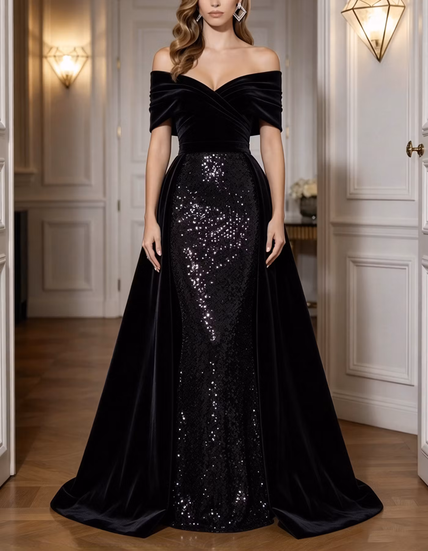 Burgundy Off-the-Shoulder Velvet & Sequin Mermaid Maxi Dress