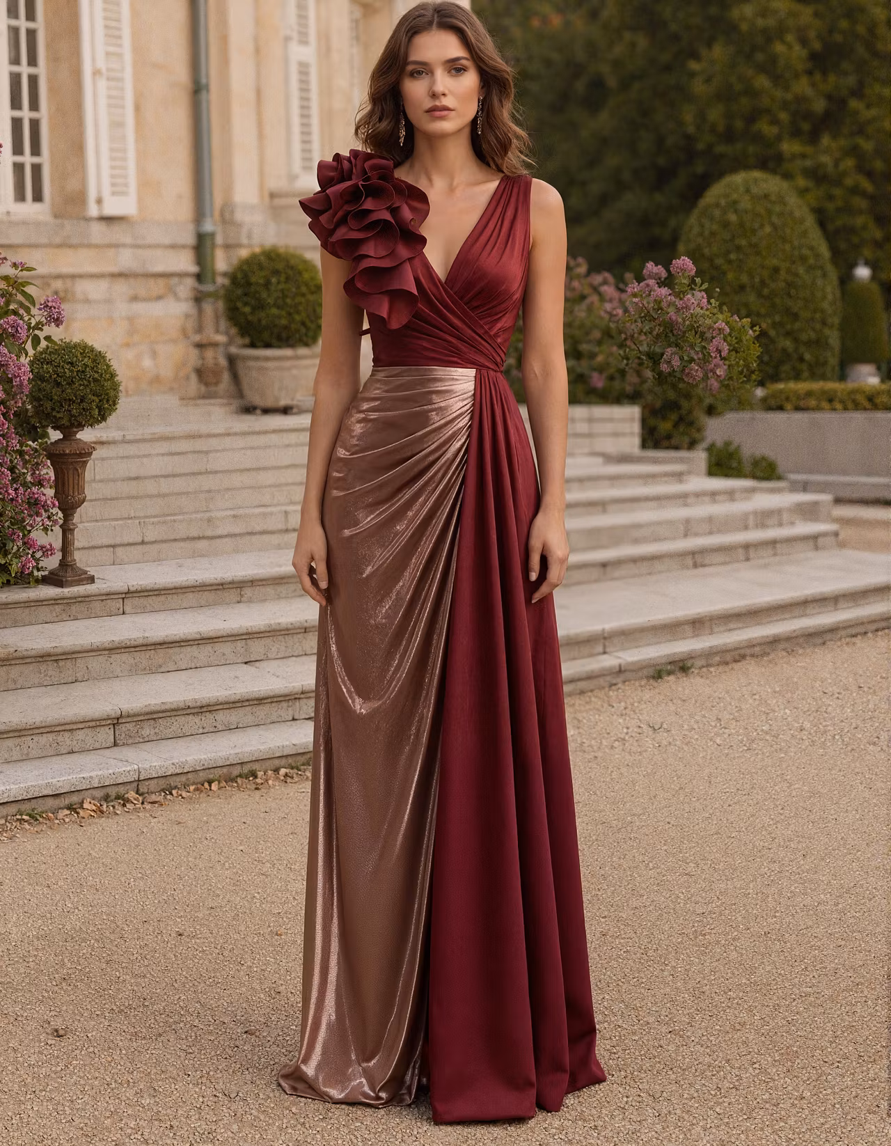 Burgundy Color Block Satin V-Neck Sleeveless Maxi Dress
