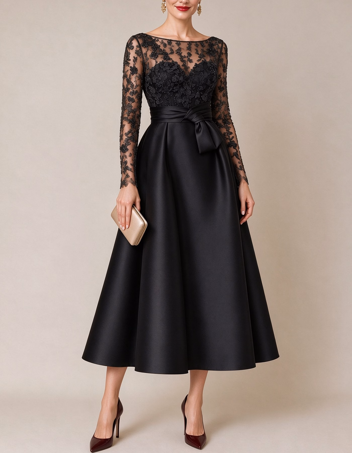 Floral Lace Illusion Boat Neck Satin Midi Dress
