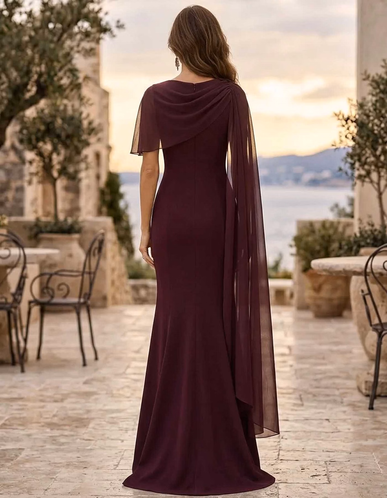 Chiffon Cape Sleeve 3D Flower Maxi Dress