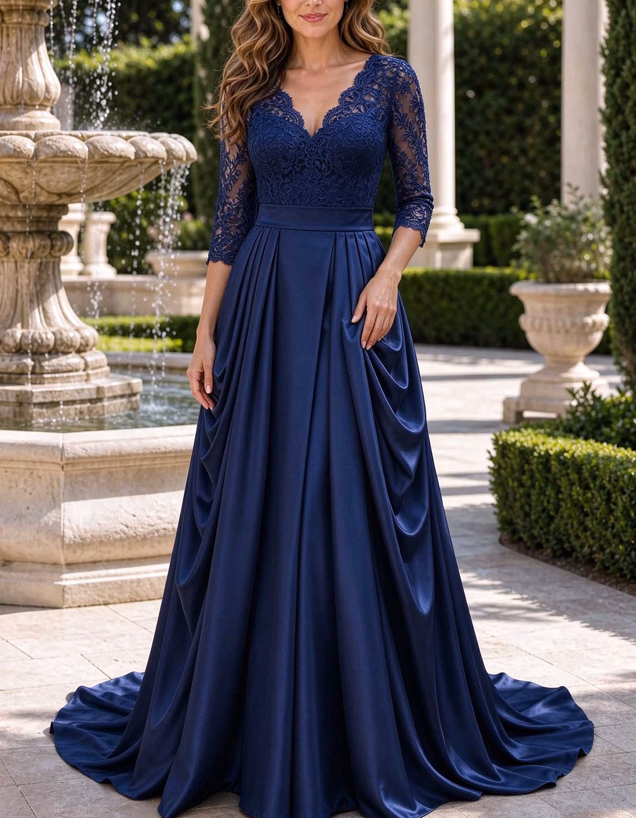 Lace 3/4 Sleeve V-Neck Satin A-Line Maxi Dress
