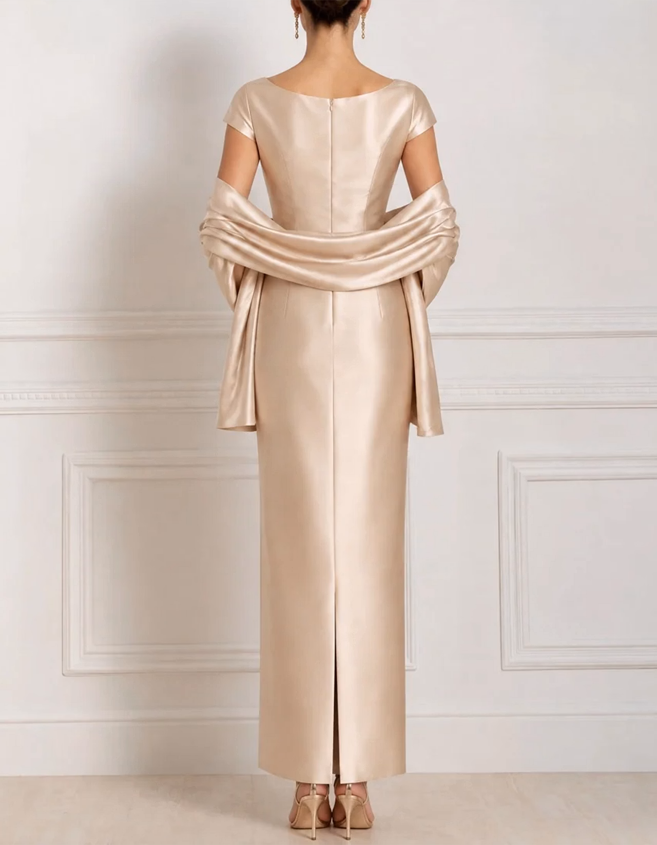 Champagne Cowl Draped Cap Sleeve Satin Maxi Dress