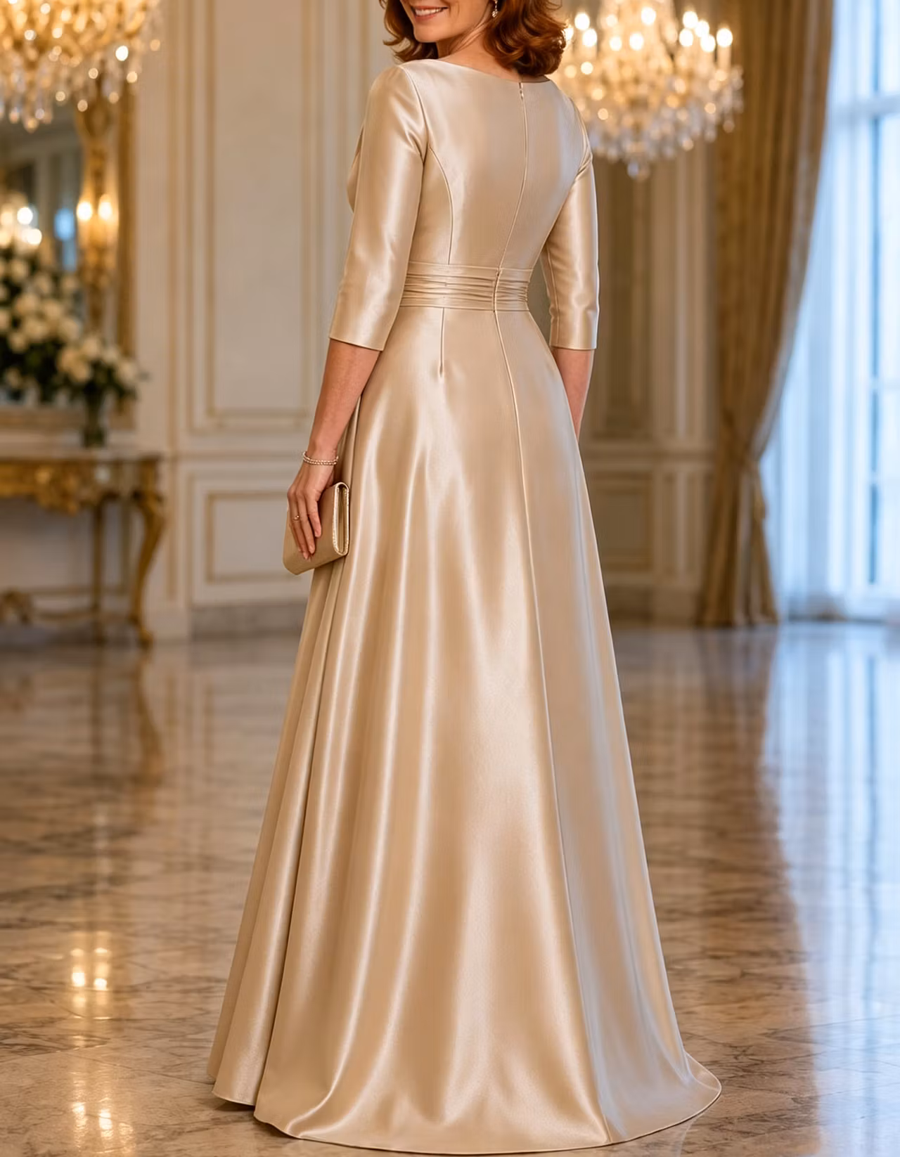 Cowl Neck 3/4 Sleeve Satin Floor Length A-Line Maxi Dress