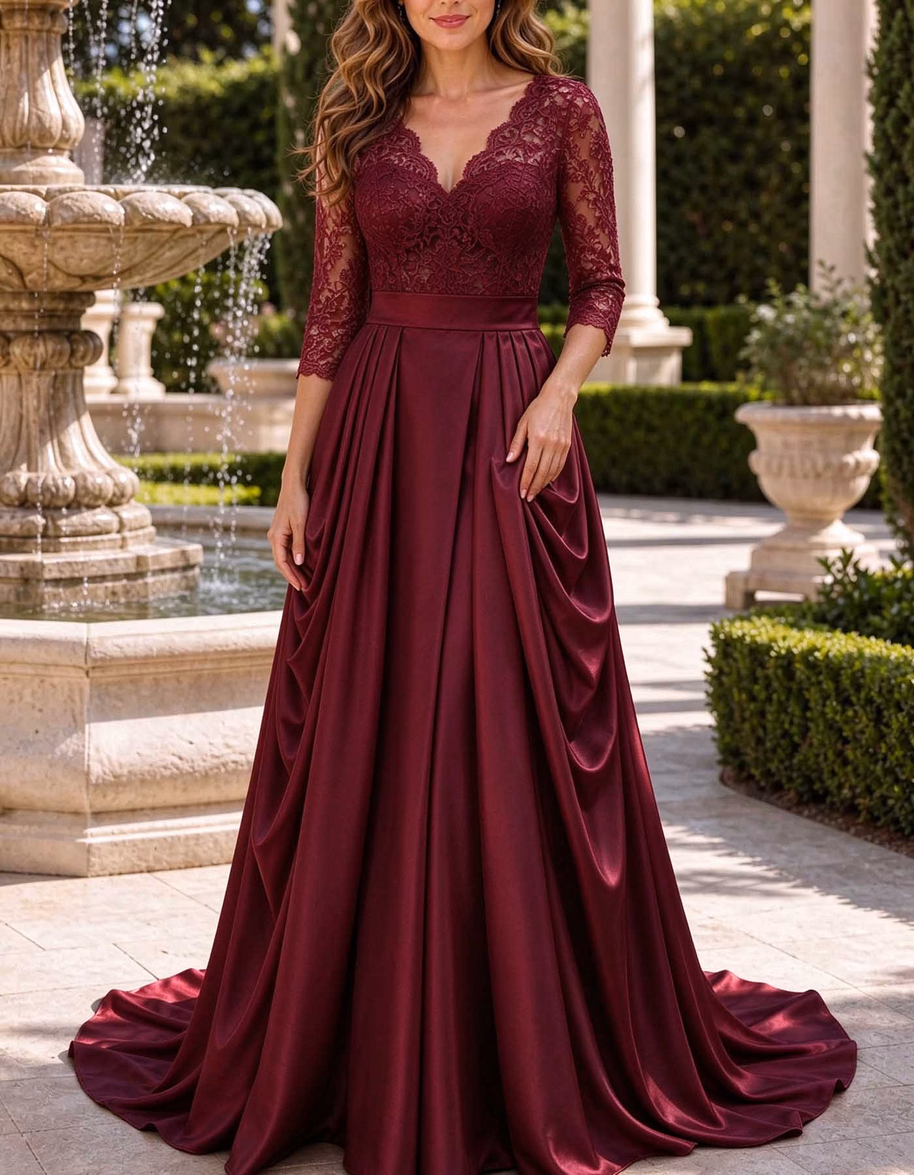 Lace 3/4 Sleeve V-Neck Satin A-Line Maxi Dress