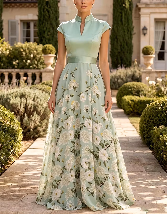 Mint Green Mandarin Collar Floral Chiffon Maxi Dress