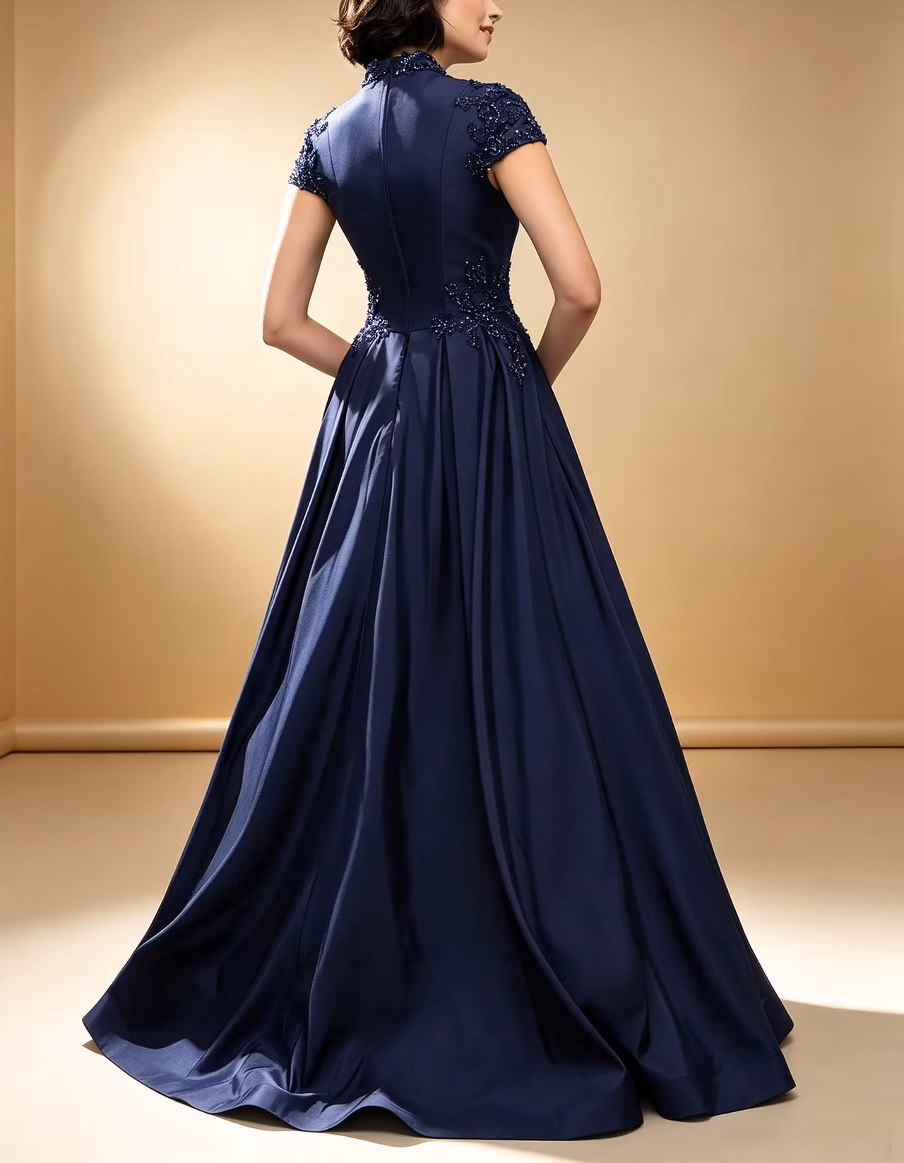 Dark Blue Satin With A Stand Up Collar Maxi Dress