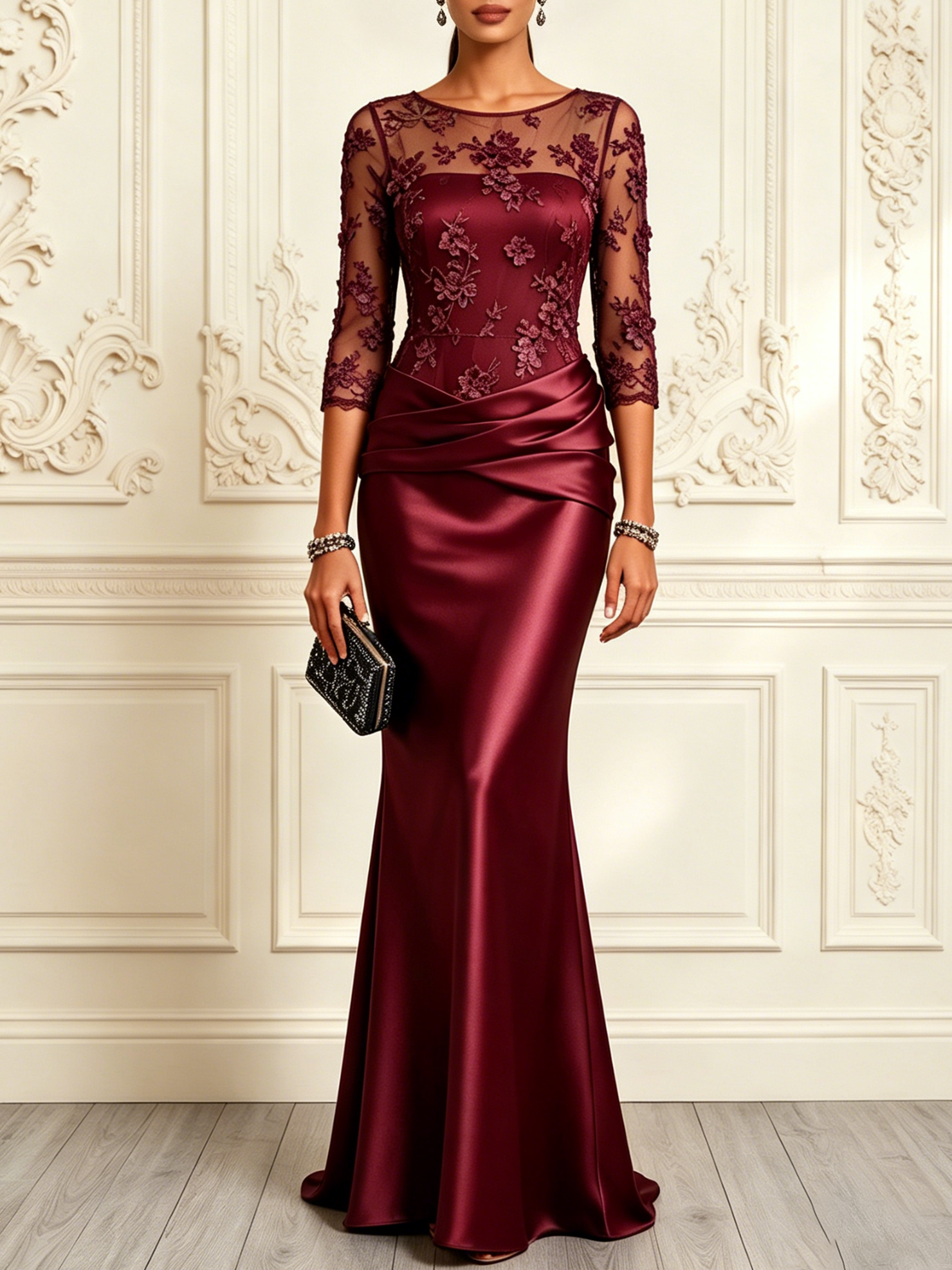 Purplish Blue 3D Floral Ruched Satin Crew Neck Half Sleeve Mermaid Floor-length Gown Dress
