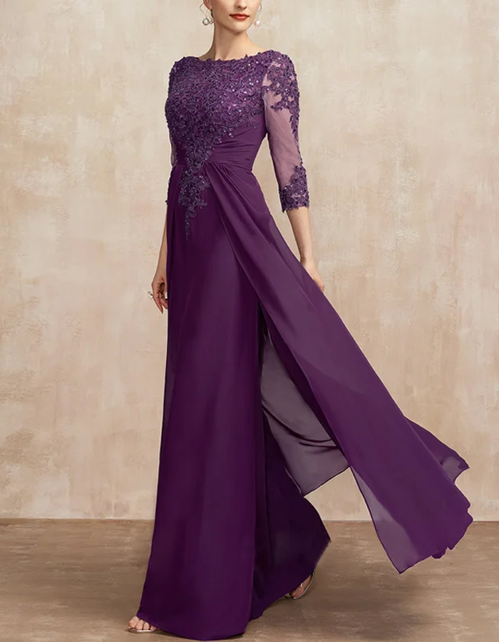 Round Neck Lace Solid Color Sequins Maxi Dress