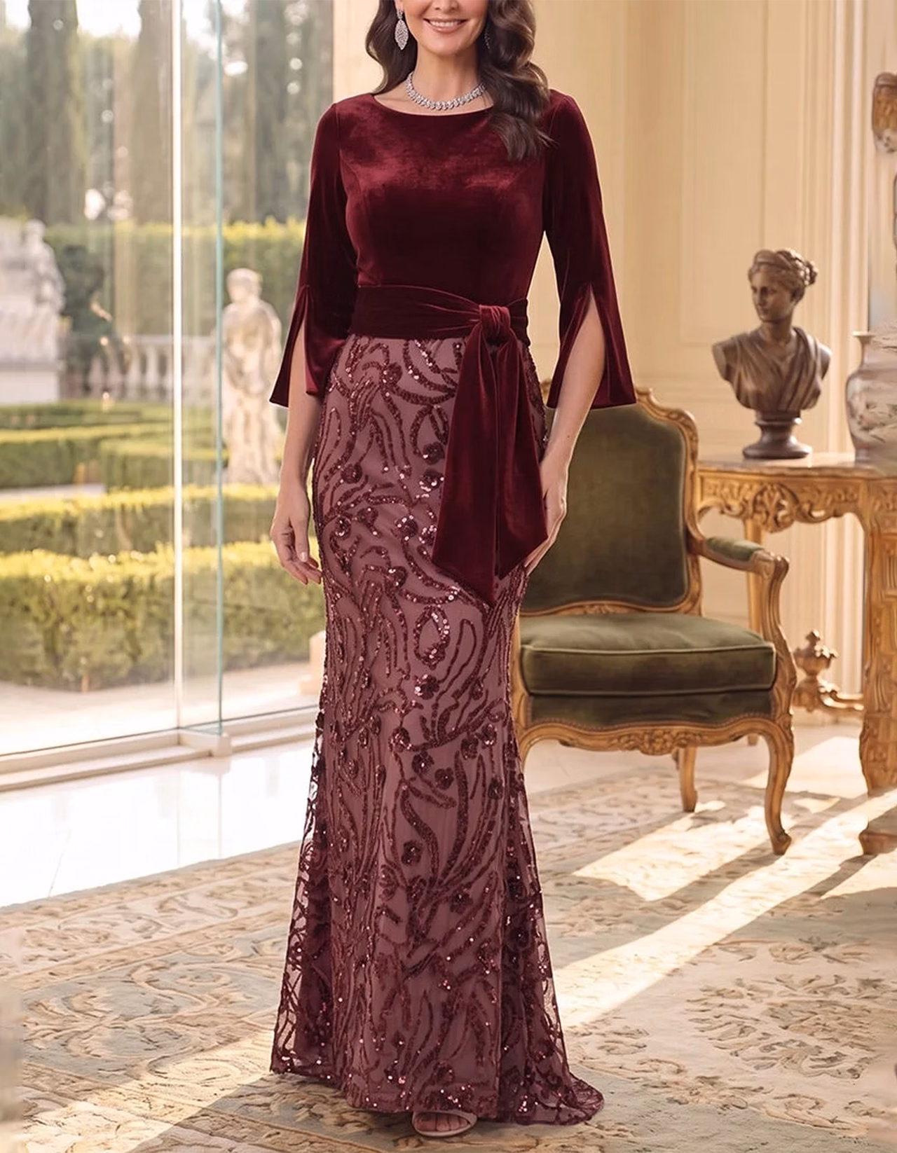 Burgundy Three-Quarter Sleeve Velvet & Sequin LaceMaxi Dress