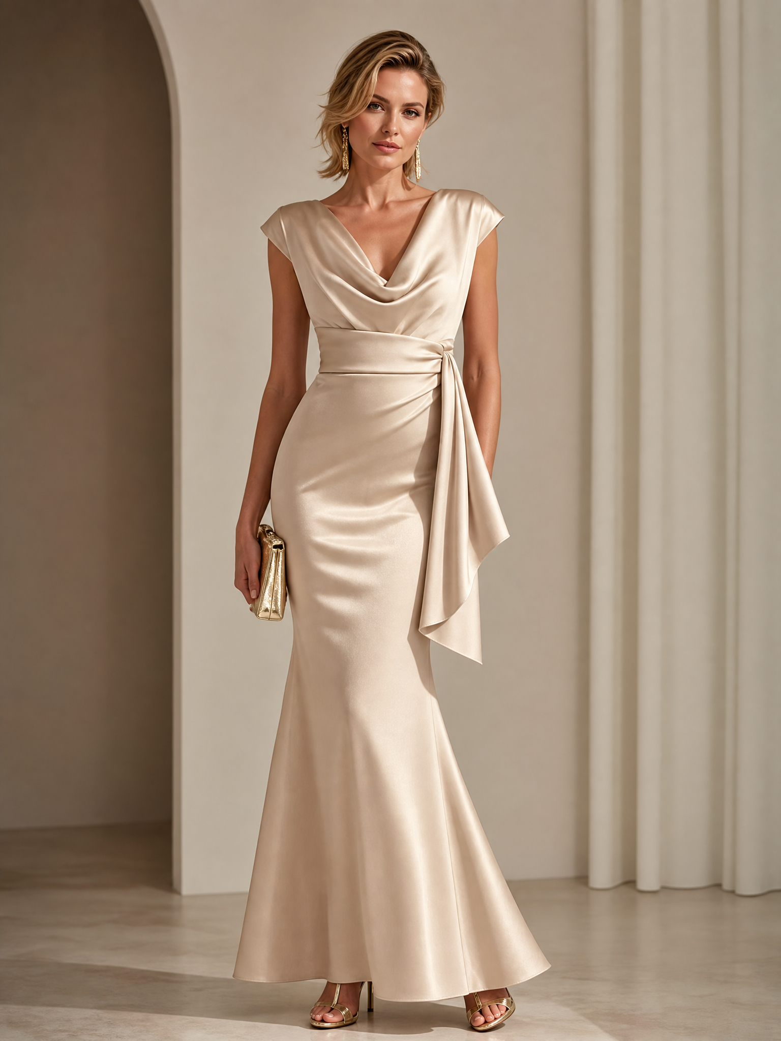 Champagne Satin Cowl Neck Mermaid Evening Gown