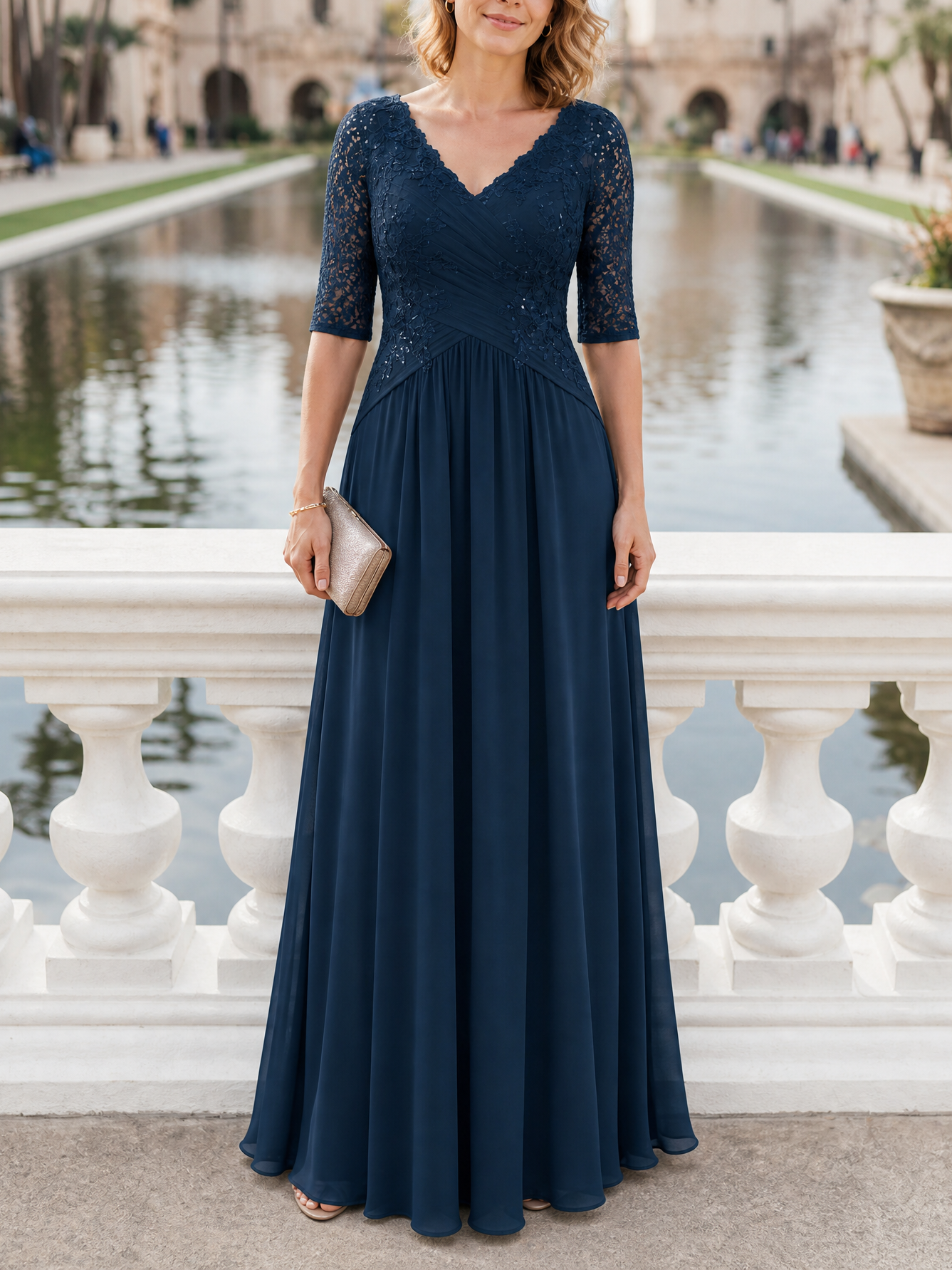 Navy Lace Bodice Chiffon Formal Maxi Dress