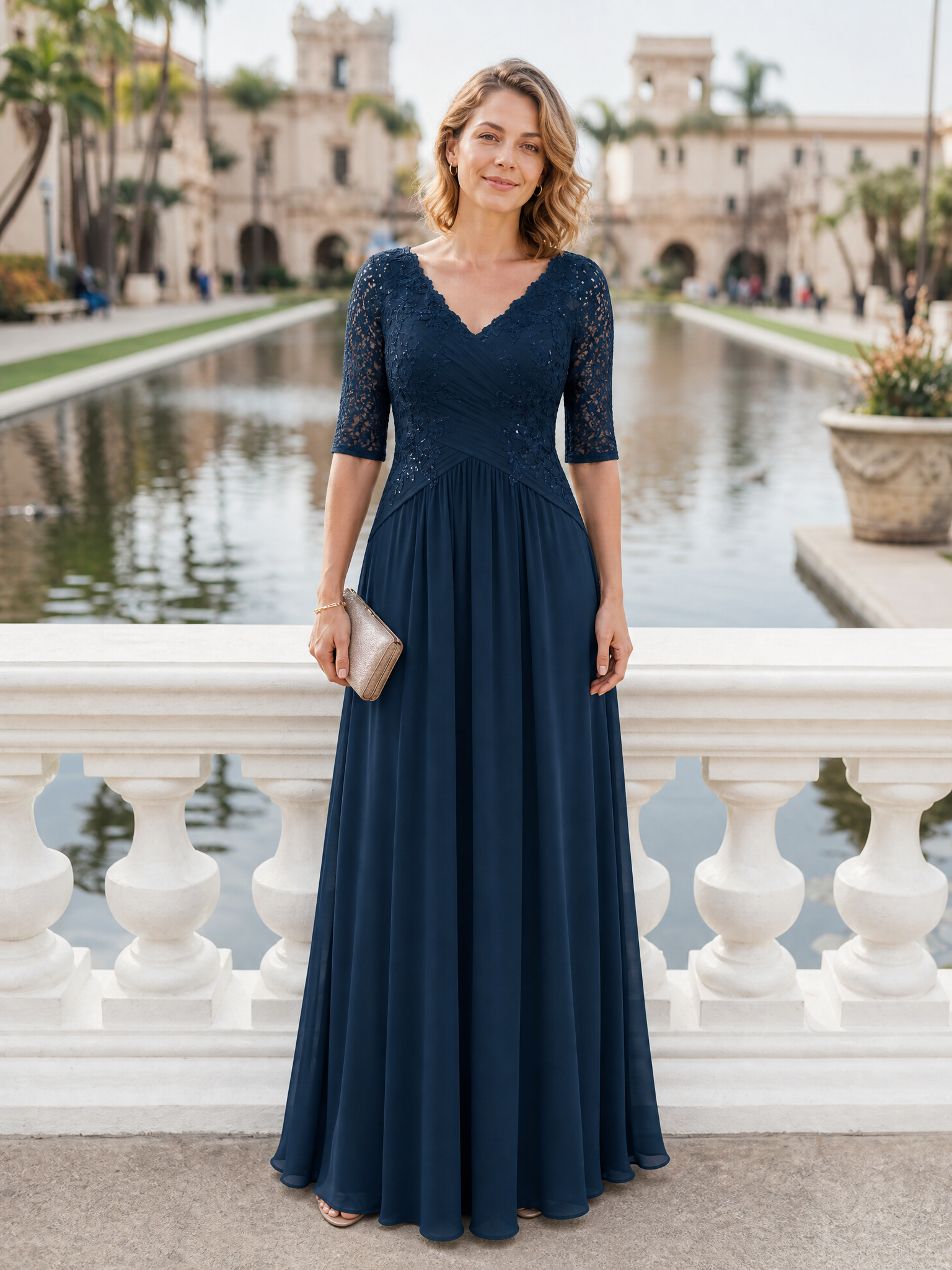 Navy Lace Bodice Chiffon Formal Maxi Dress