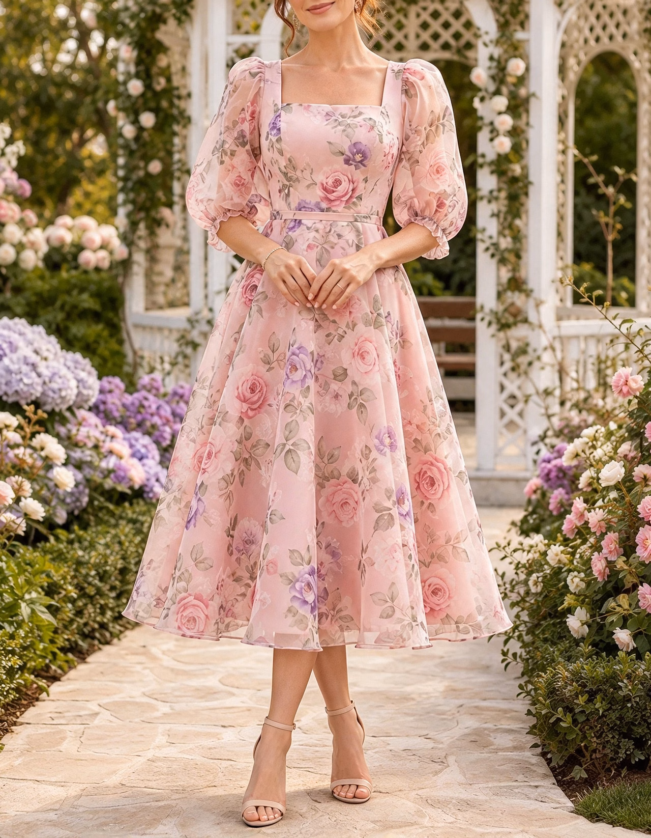 Square Neck Puff Sleeve Chiffon Floral Print A Line Midi Dress