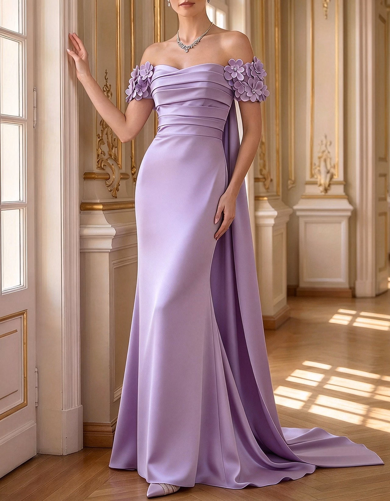 Off-the-Shoulder Satin 3D Floral Cape Train A-Line Maxi Dress