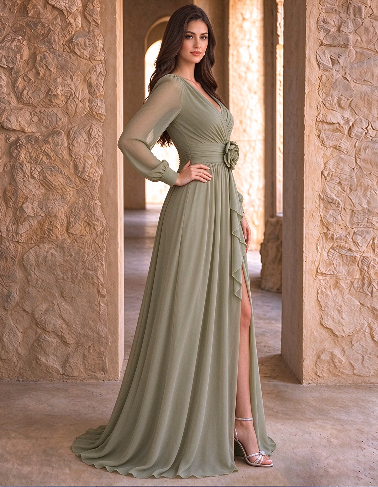 Sage Green Chiffon V-Neck With 3D Flowers Maxi Dress