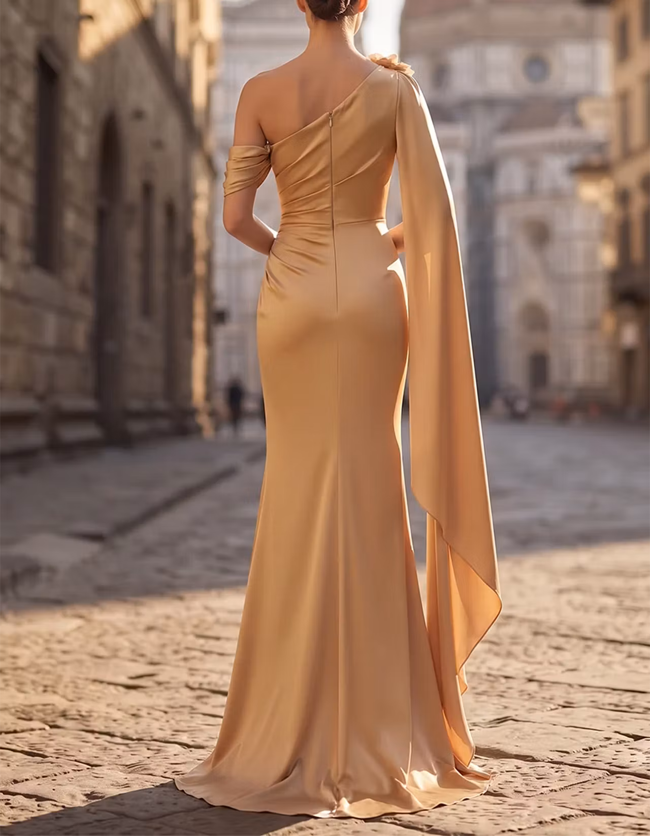Champagne Gold One-Shoulder Satin Mermaid Maxi Dress
