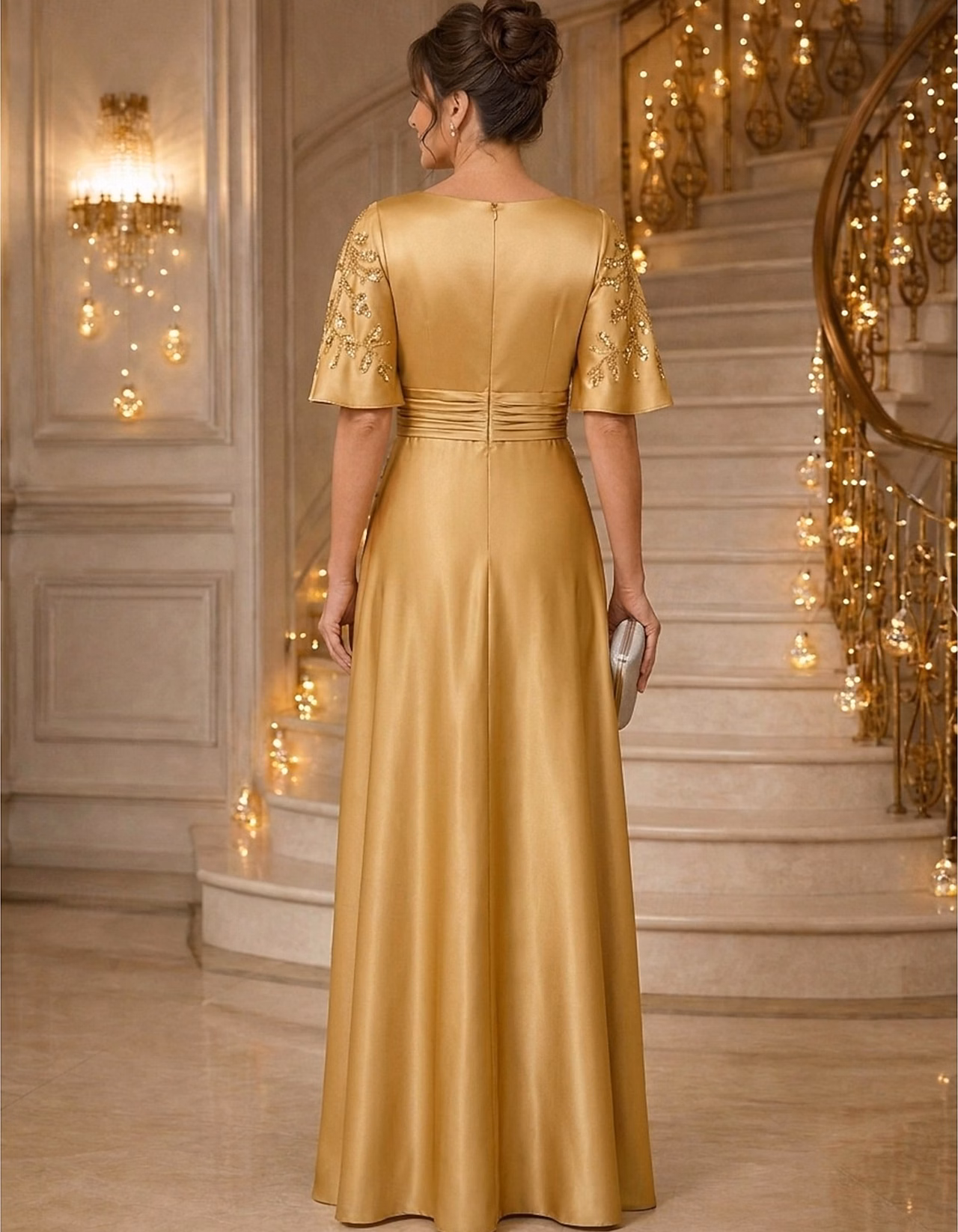 Satin V-Neck Flutter Short Sleeve Leaf Sequin Embroidery Maxi Dress