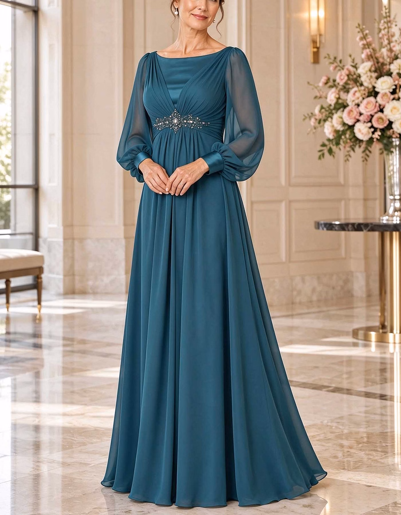 Chiffon Puff Long Sleeve A-Line Maxi Dress