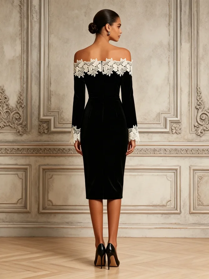 Black Lace Velvet Off The Shoulder Long Sleeve Sheath Midi Dress