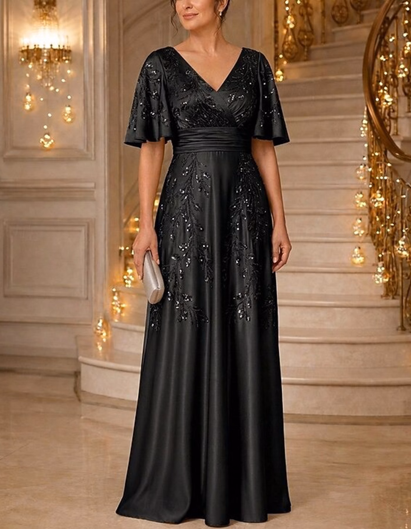 Satin V-Neck Flutter Short Sleeve Leaf Sequin Embroidery Maxi Dress