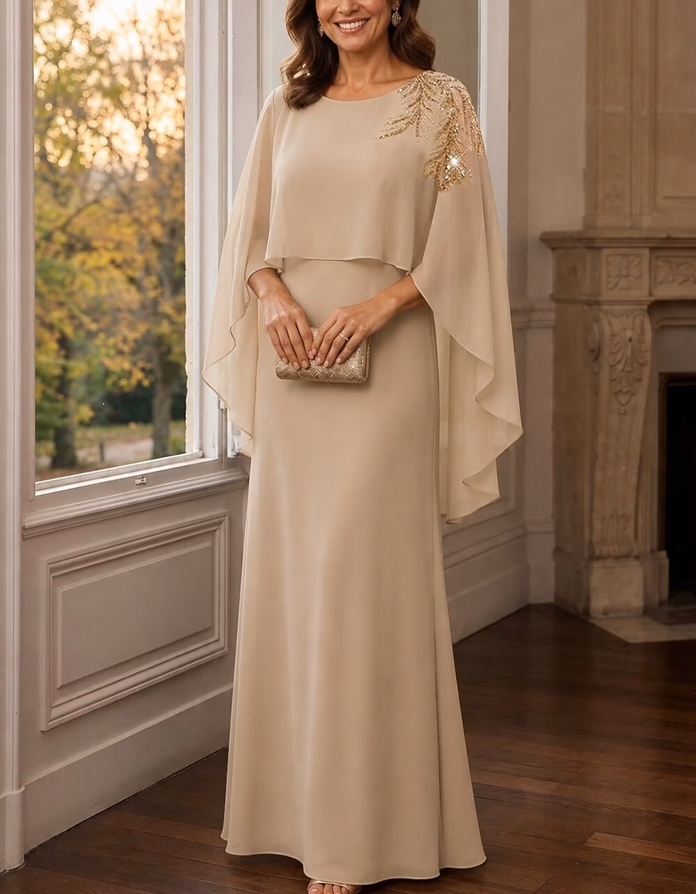 Chiffon Round Neck Cape Overlay Sleeve Maxi Dress