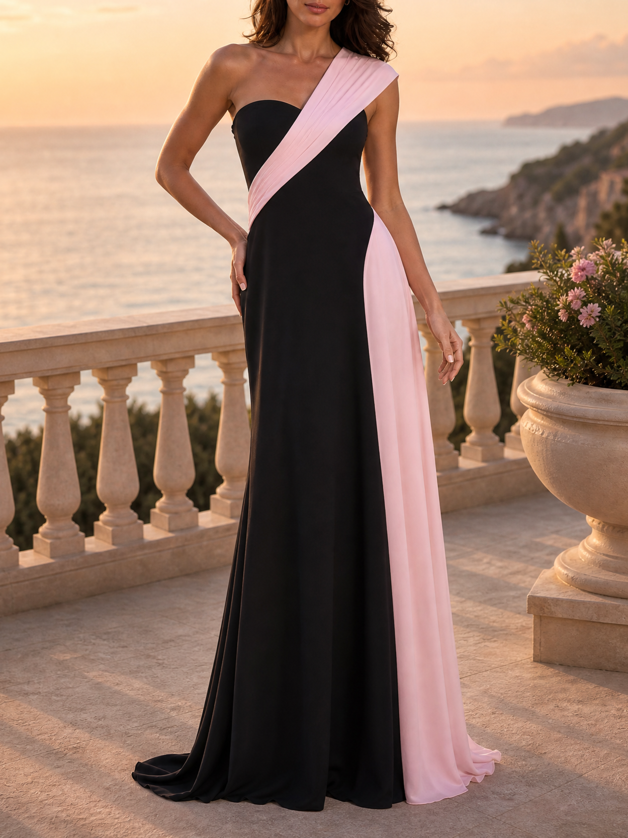 One-Shoulder Black & Pink Colorblock Chiffon Evening Gown