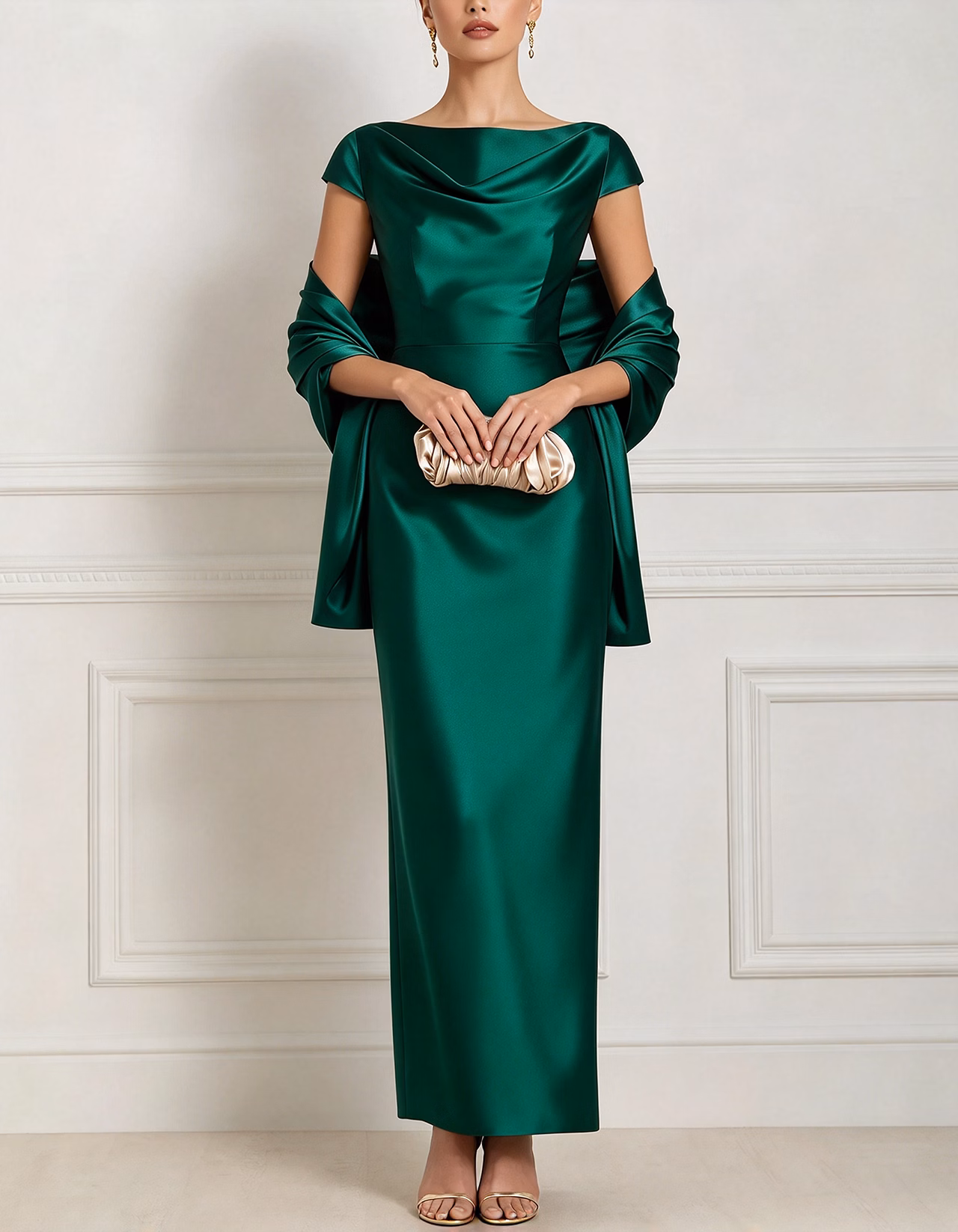 Champagne Cowl Draped Cap Sleeve Satin Maxi Dress