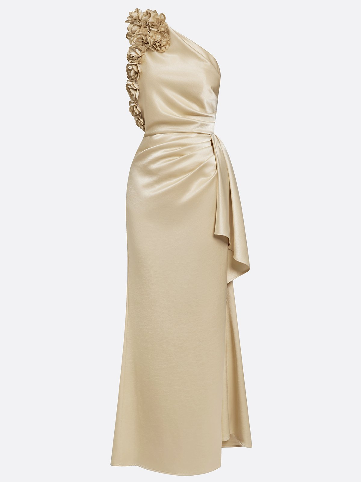 One-Shoulder 3D Floral Satin Mother of the Bride Dress - Elegant Maxi Evening Gown