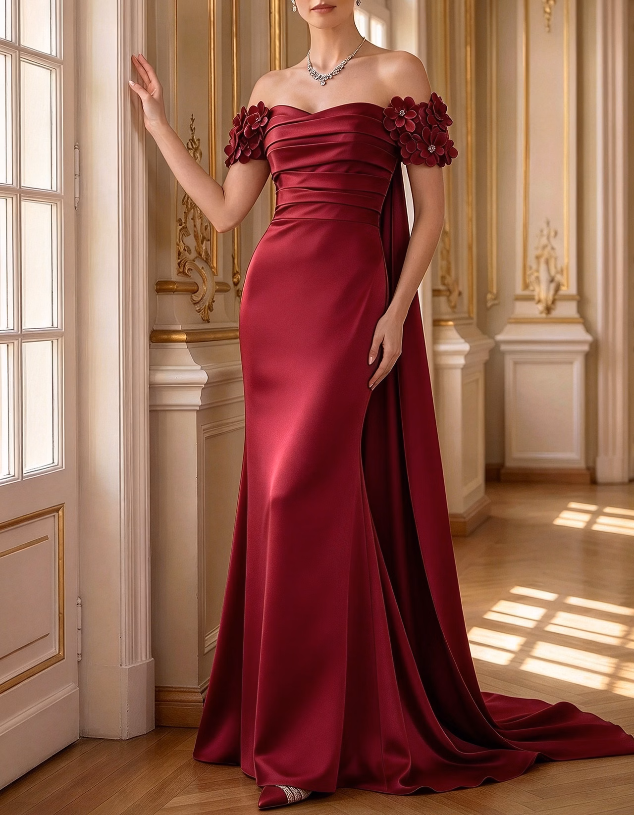 Off-the-Shoulder Satin 3D Floral Cape Train A-Line Maxi Dress