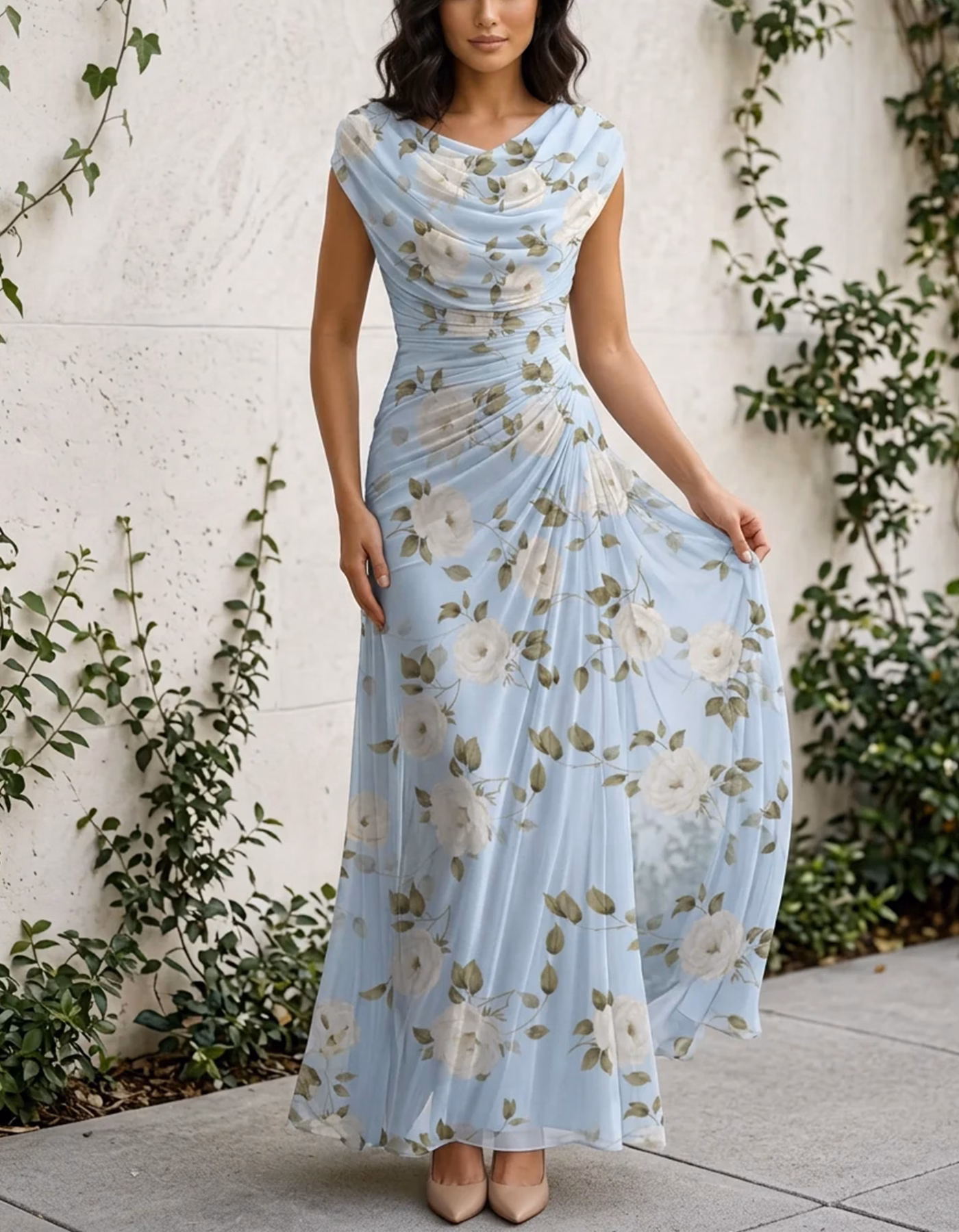 Light Blue Floral Chiffon Cowl Neck Cap Sleeve Maxi Dress