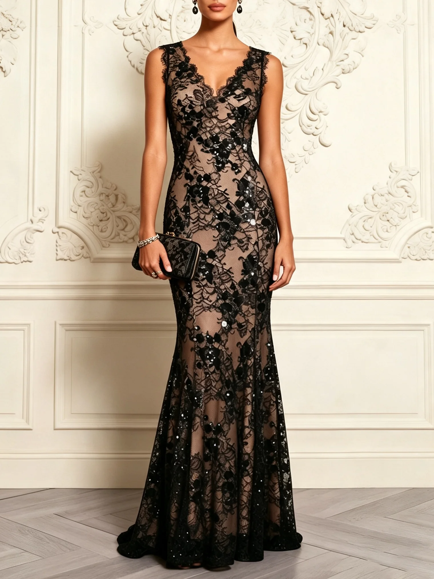 Black Glitter Lace V Neck Sleeveless Mermaid Gown Dress