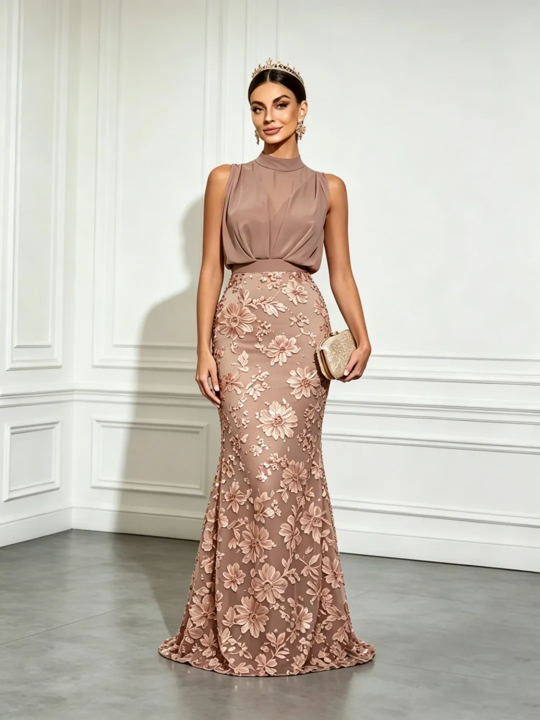Light Brown 3D Floral Ruched Classic Mock Neck Sleeveless Mermaid Gown Dress
