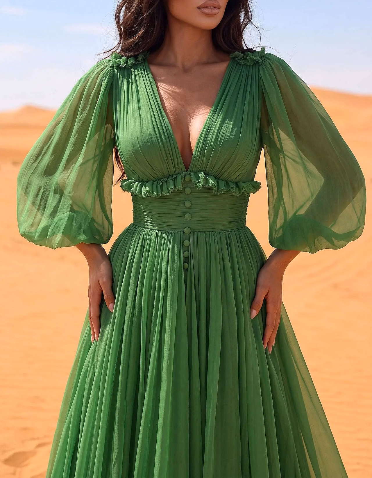 Deep V Neck Puff Sleeve Chiffon A Line Maxi Dress