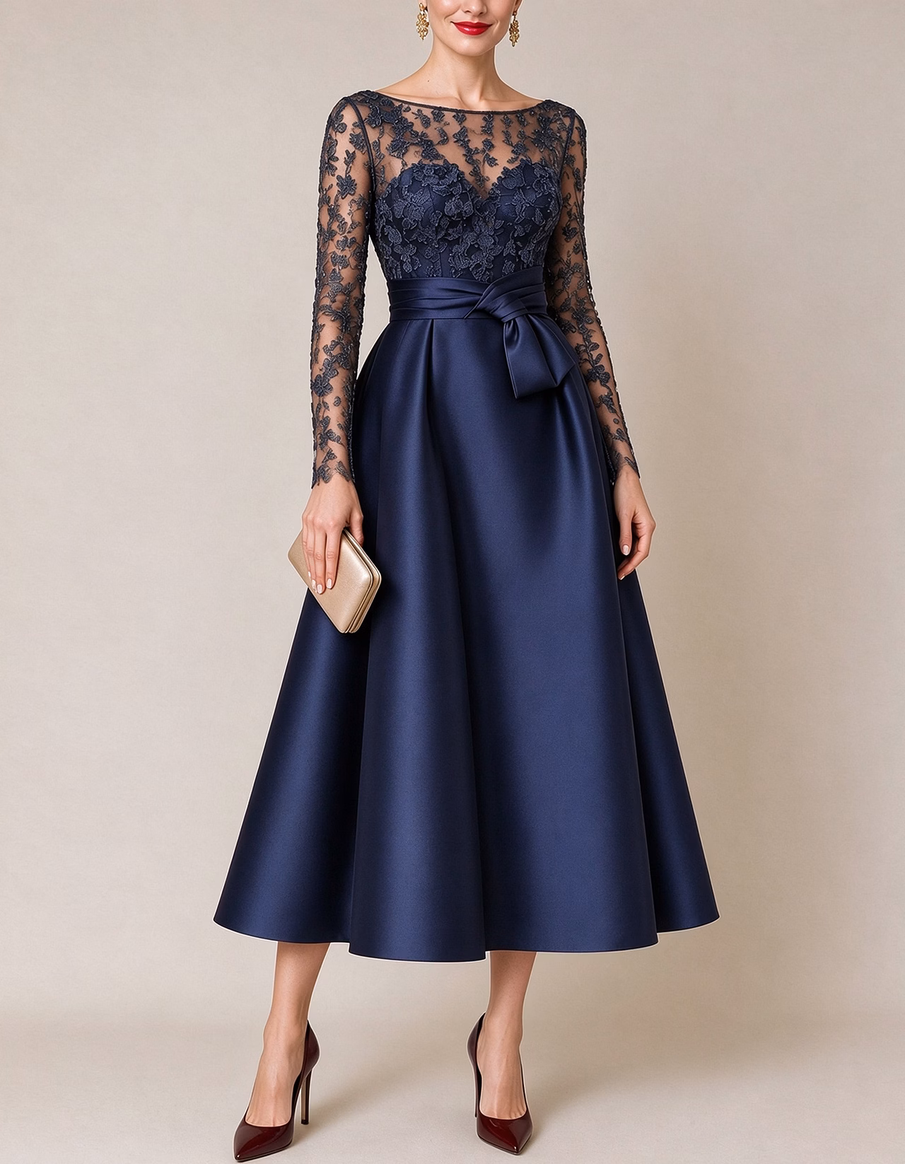 Floral Lace Illusion Boat Neck Satin Midi Dress