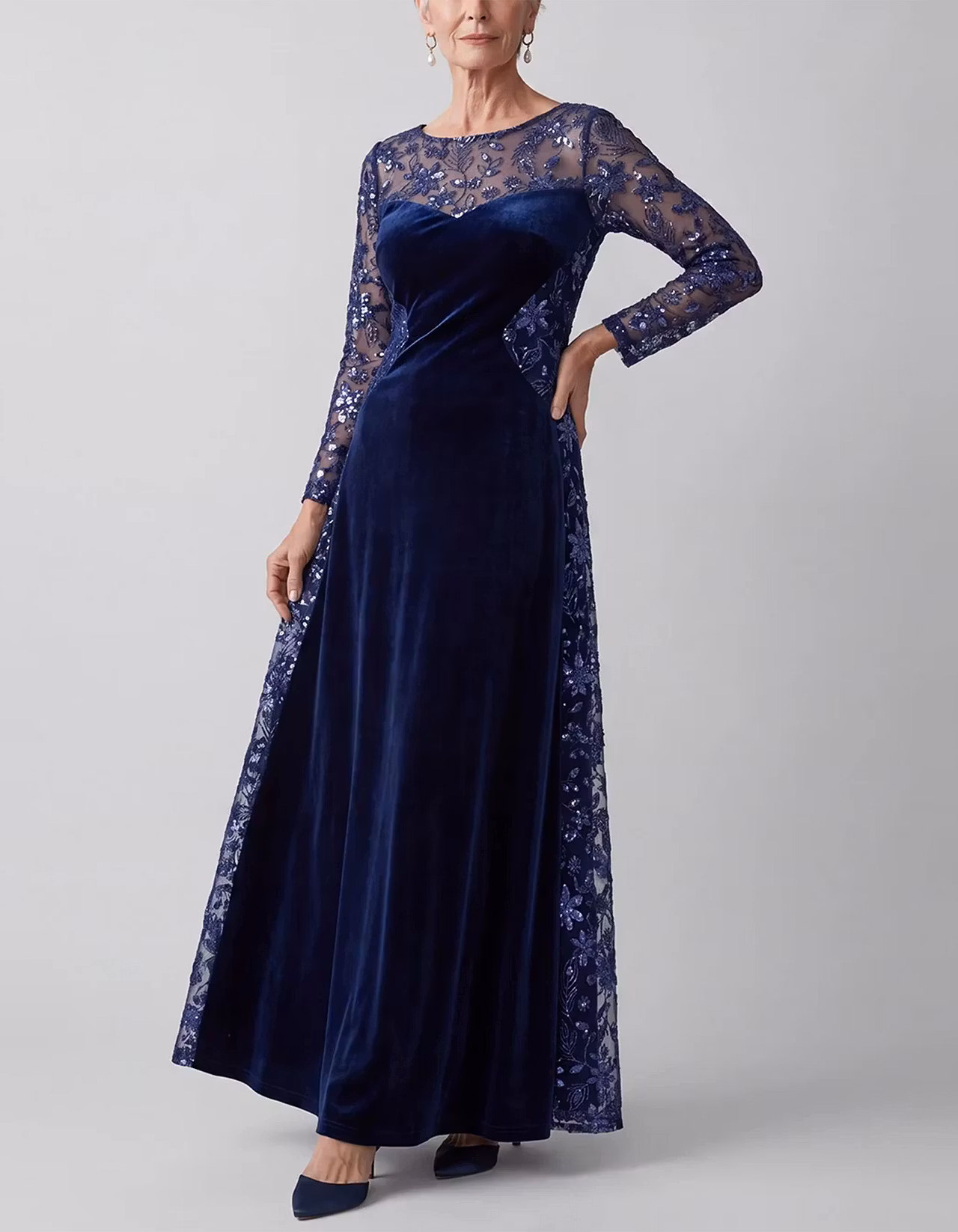 Navy Blue Sequin Floral Lace & Velvet Maxi Dress