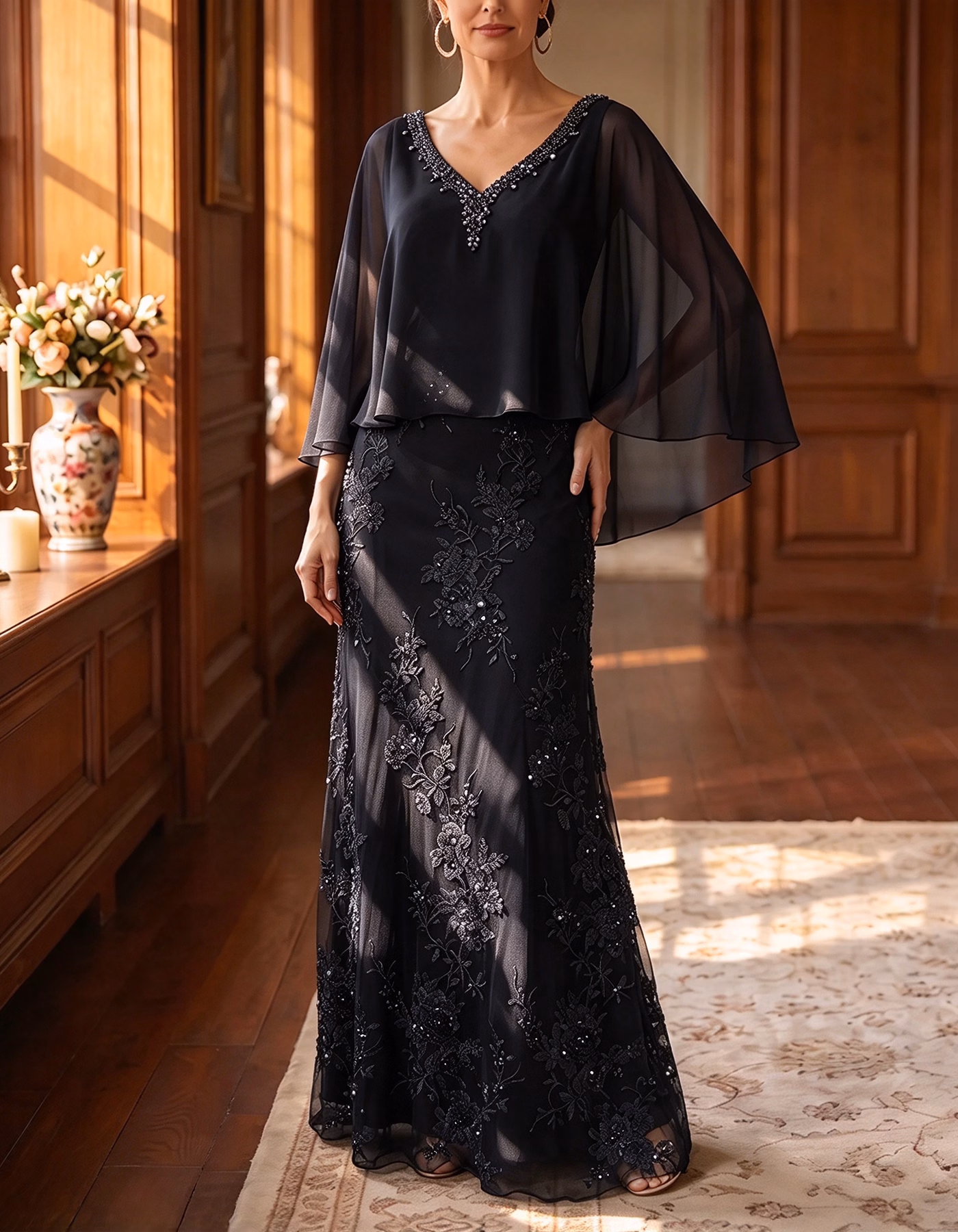 Navy Beaded V-Neck Chiffon Capelet Sleeve Lace Maxi Dress