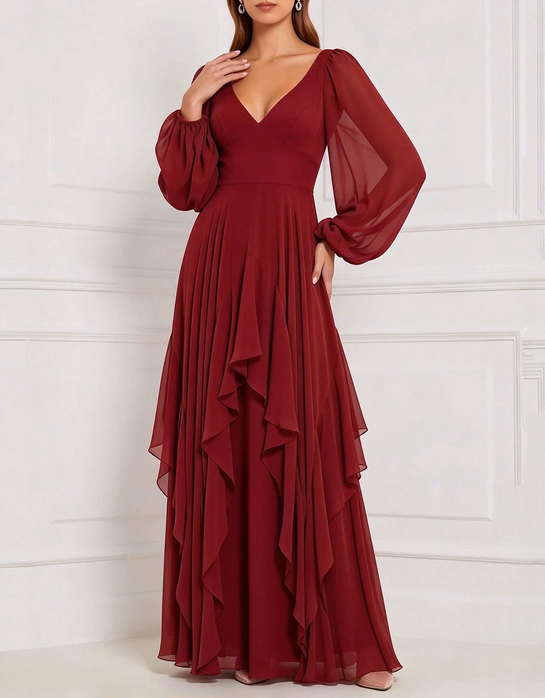 V Neck Puff Long Sleeve Chiffon Ruffled A Line Maxi Dress