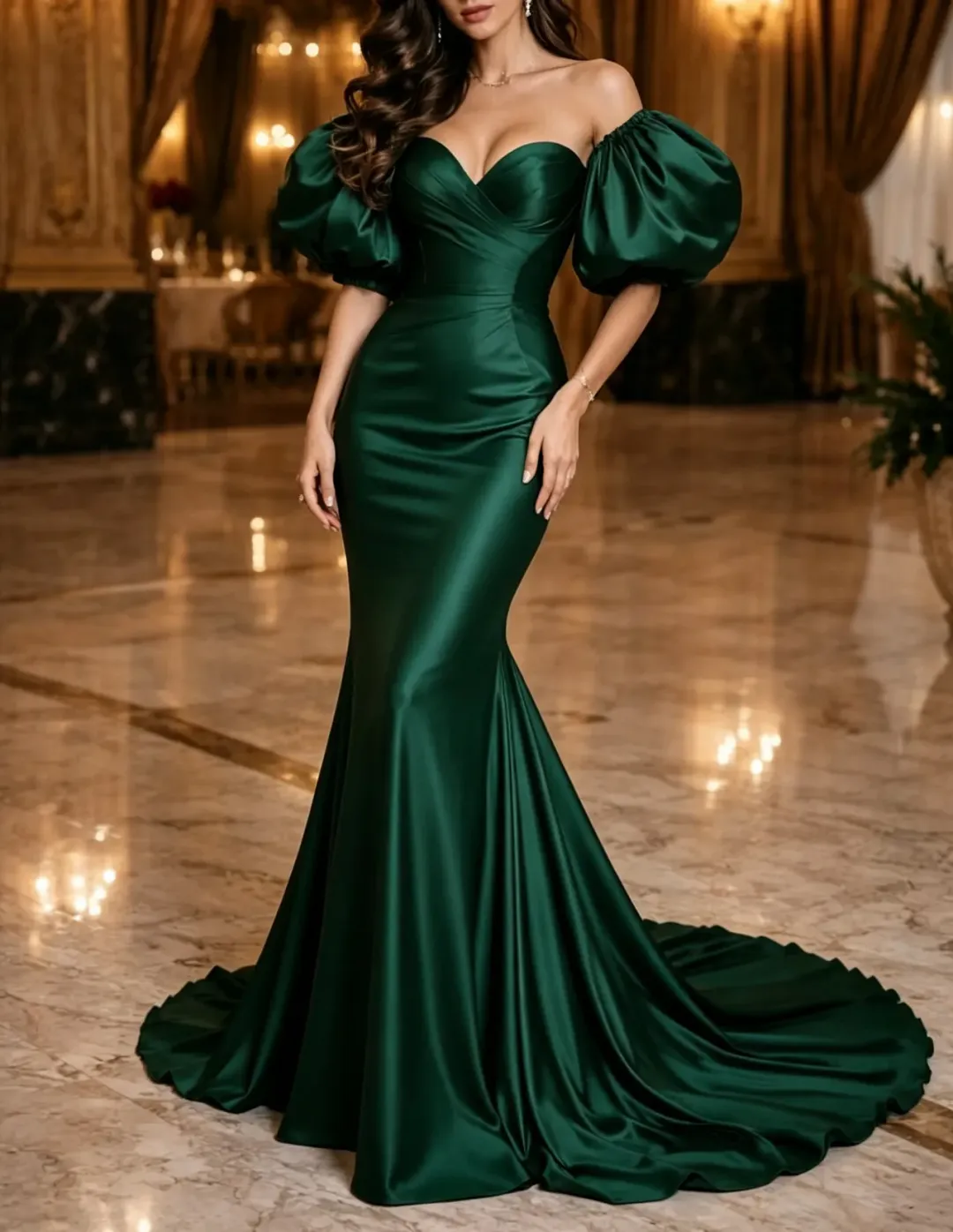 Off The Shoulder Satin Sweetheart Puff Short Sleeve Mermaid Evening Maxi Dress